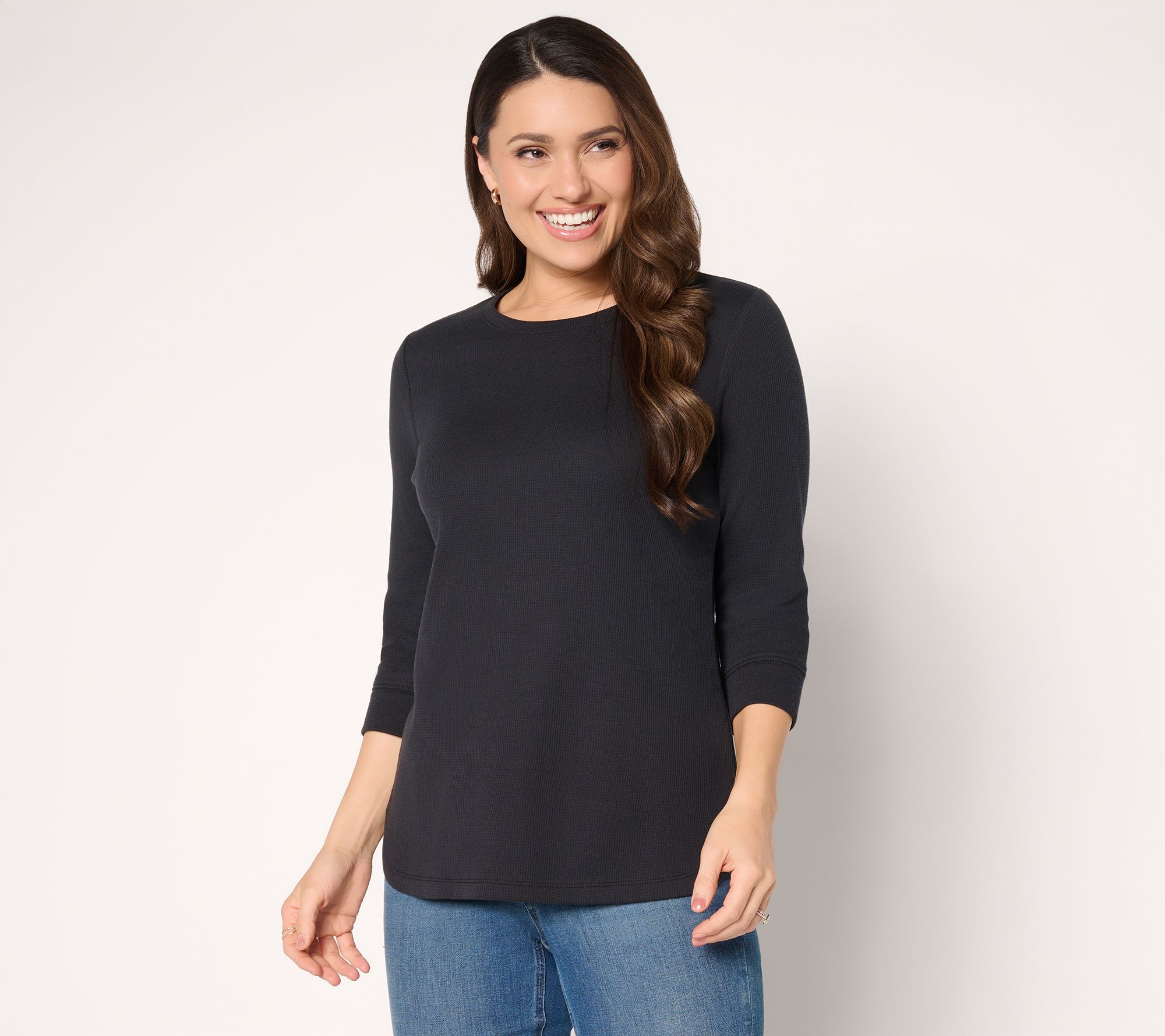 Denim & Co. Essentials Waffle Knit Round Neck 3/4 Sleeve Top