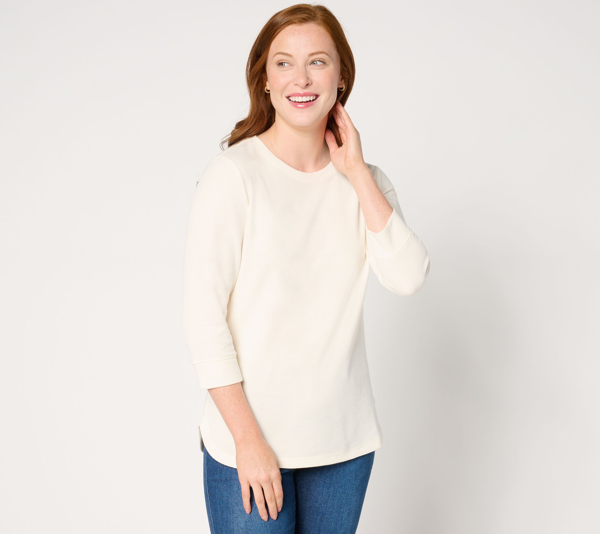 Denim & Co. Essentials Waffle Knit Round Neck 3/4 Sleeve Top