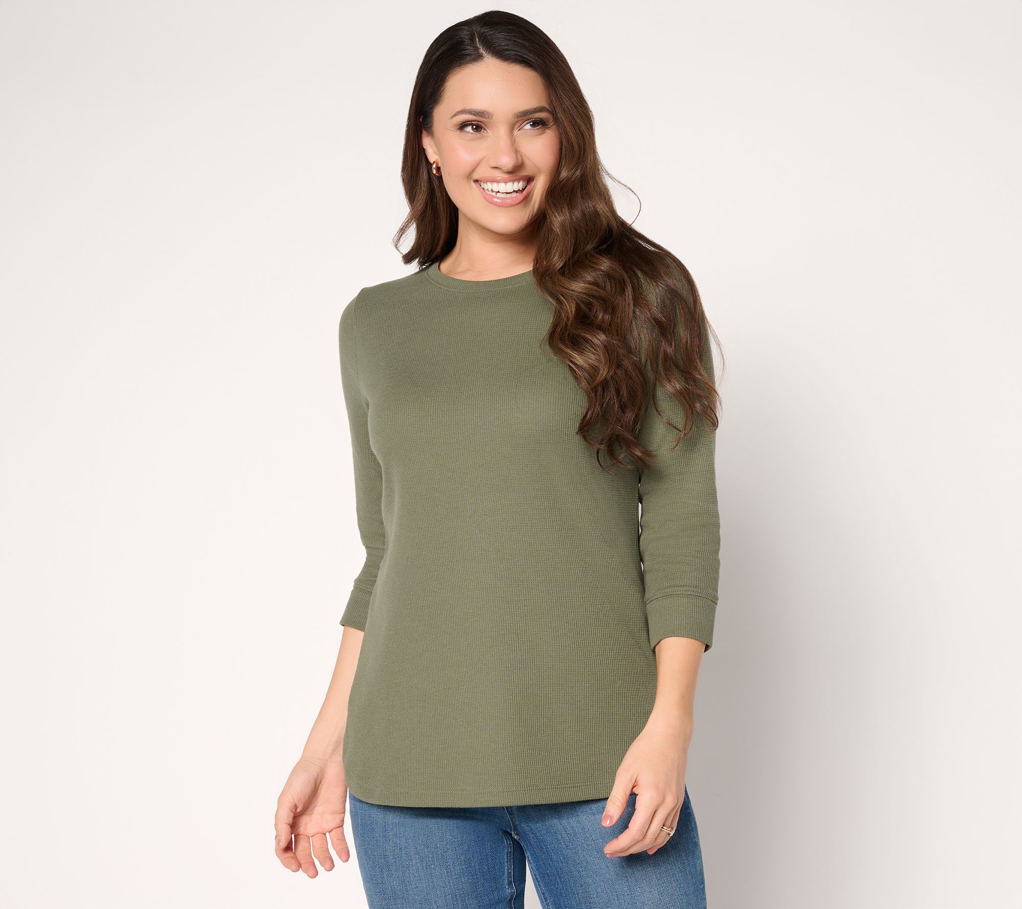 Denim & Co. Essentials Waffle Knit Round Neck 3/4 Sleeve Top