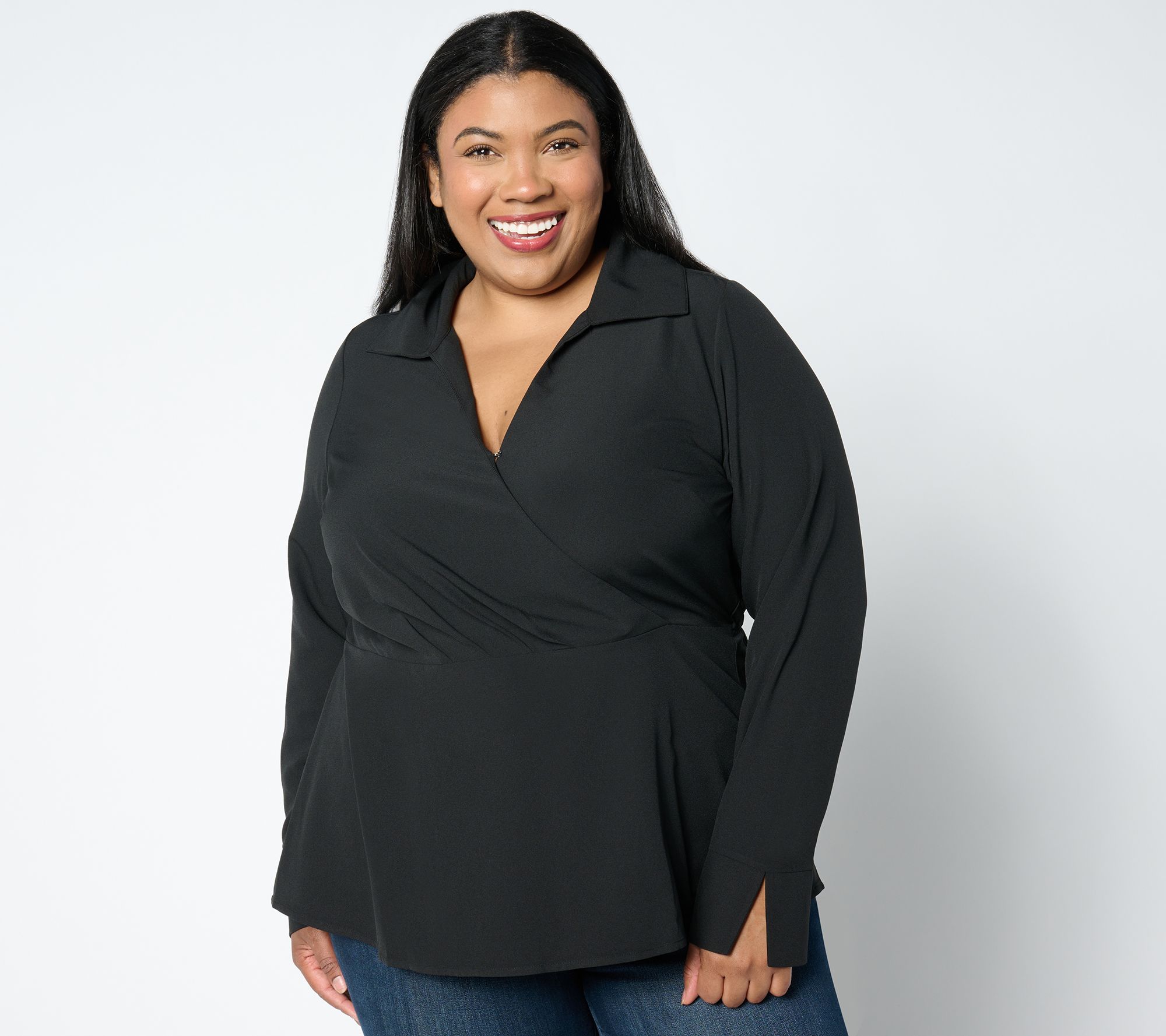 "As Is" Isaac Mizrahi Live! Woven Crepe Peplum Blouse with Collar