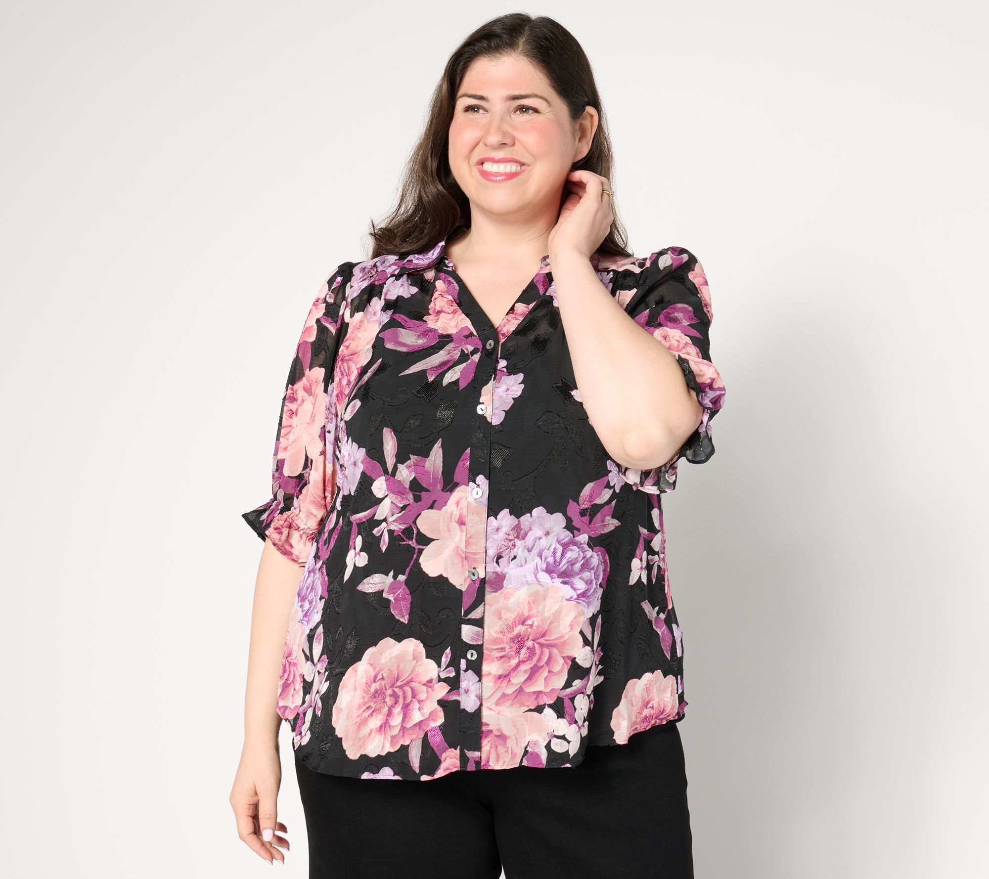 "As Is" Susan Graver Printed Sheer Clip Jacquard Button Pull Slv Blouse