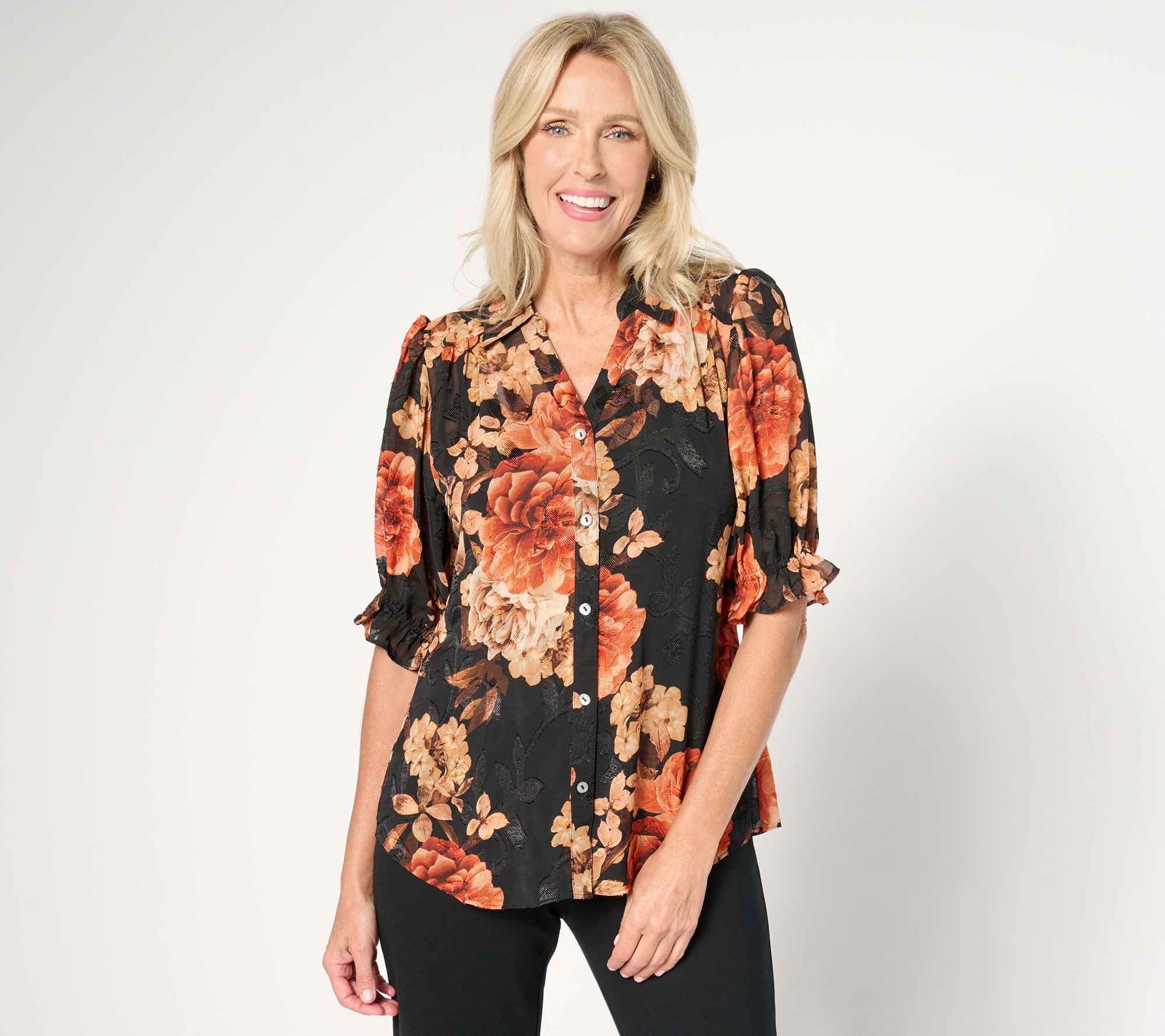 "As Is" Susan Graver Printed Sheer Clip Jacquard Button Pull Slv Blouse