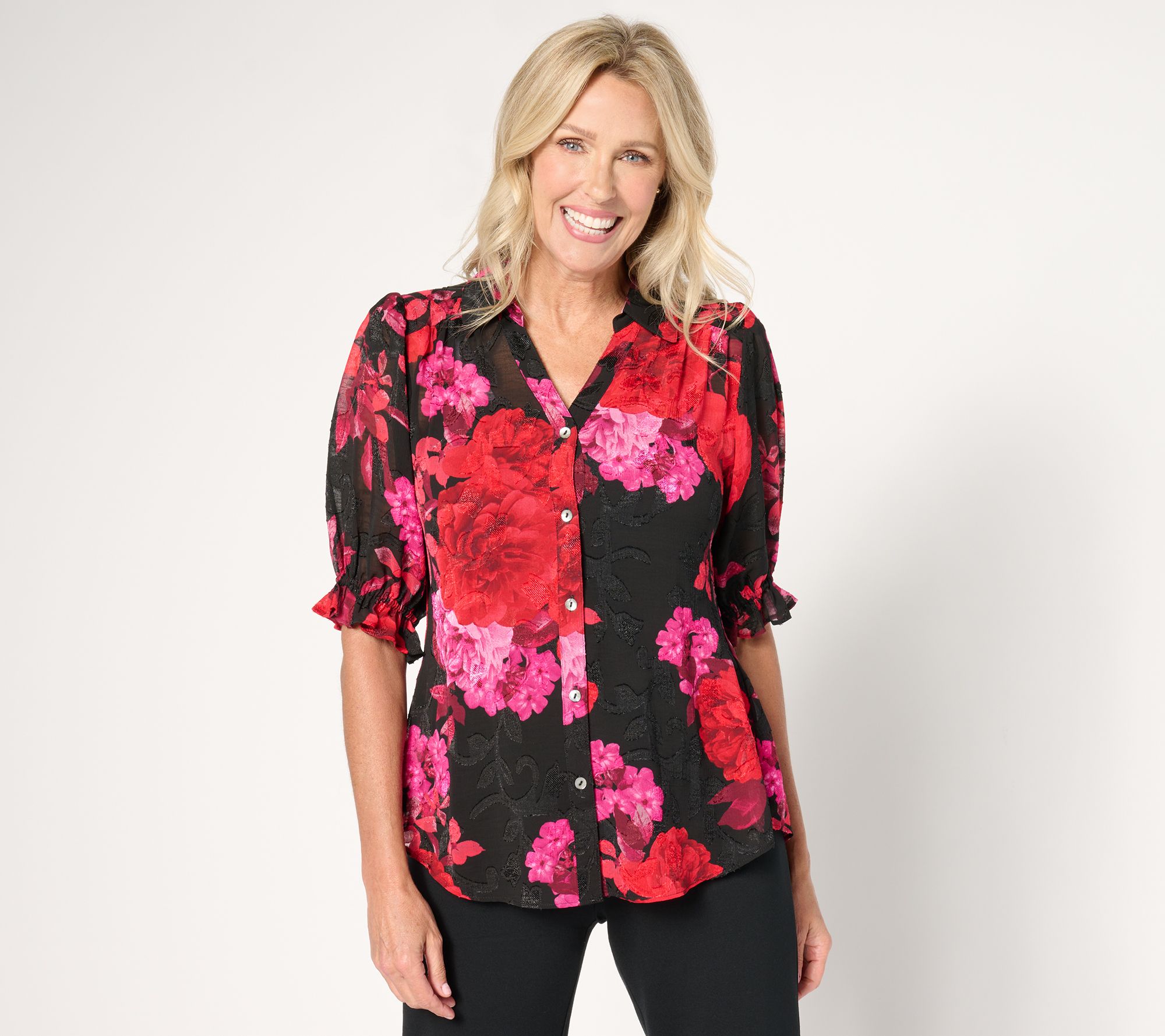 "As Is" Susan Graver Printed Sheer Clip Jacquard Button Pull Slv Blouse