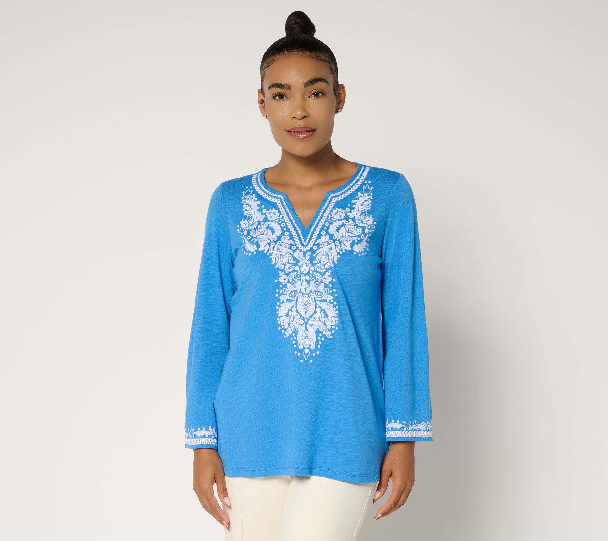 Belle by Kim Gravel Slub Knit Santorini Embroidered Top