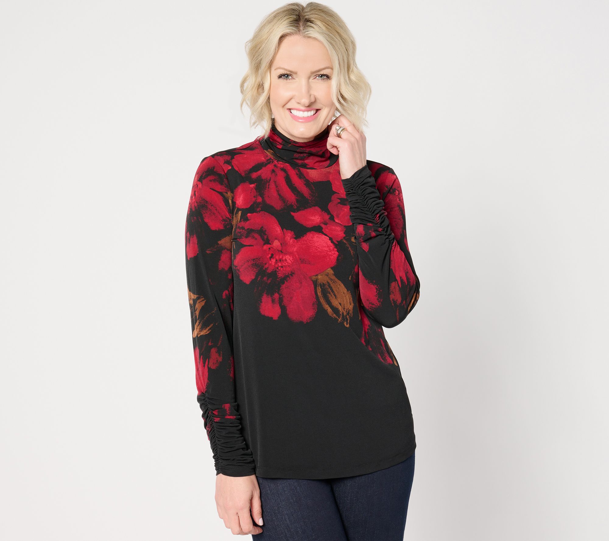 "As Is" Susan Graver Petite Printed Liquid Knit Mock Neck Long Sleeve Top