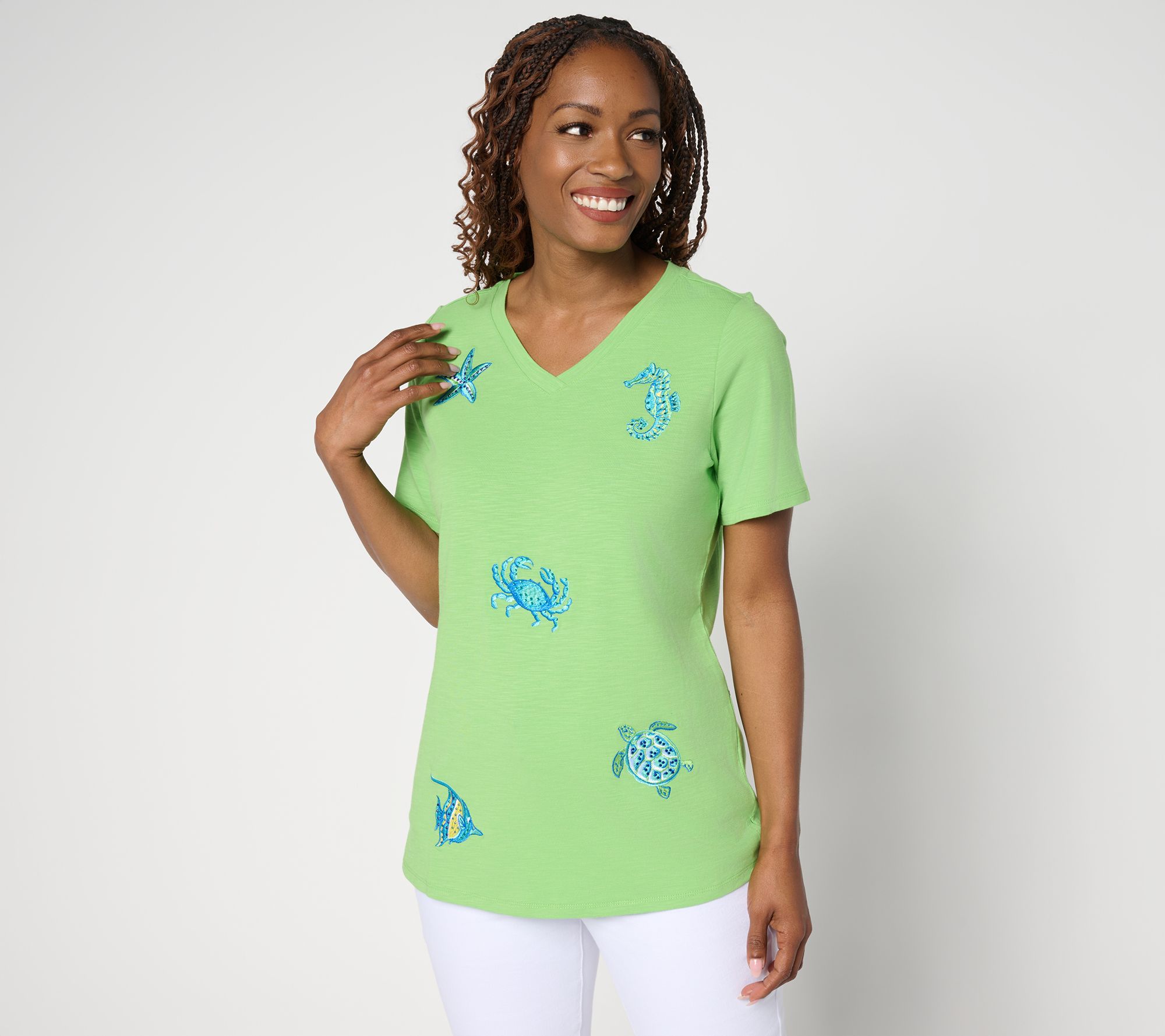 Quacker Factory Vitamin Sea Embroidered Short Sleeve Top