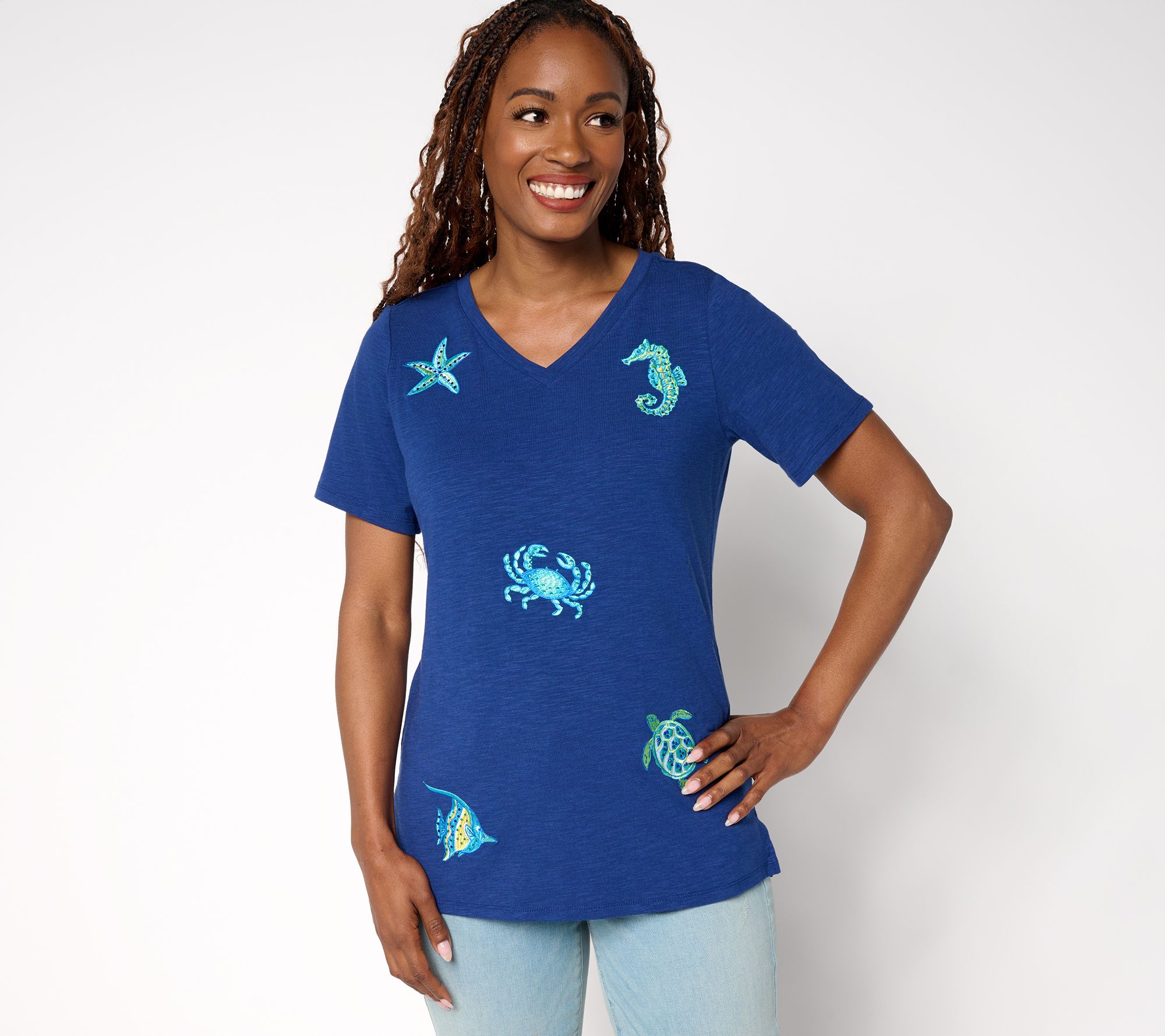 Quacker Factory Vitamin Sea Embroidered Short Sleeve Top