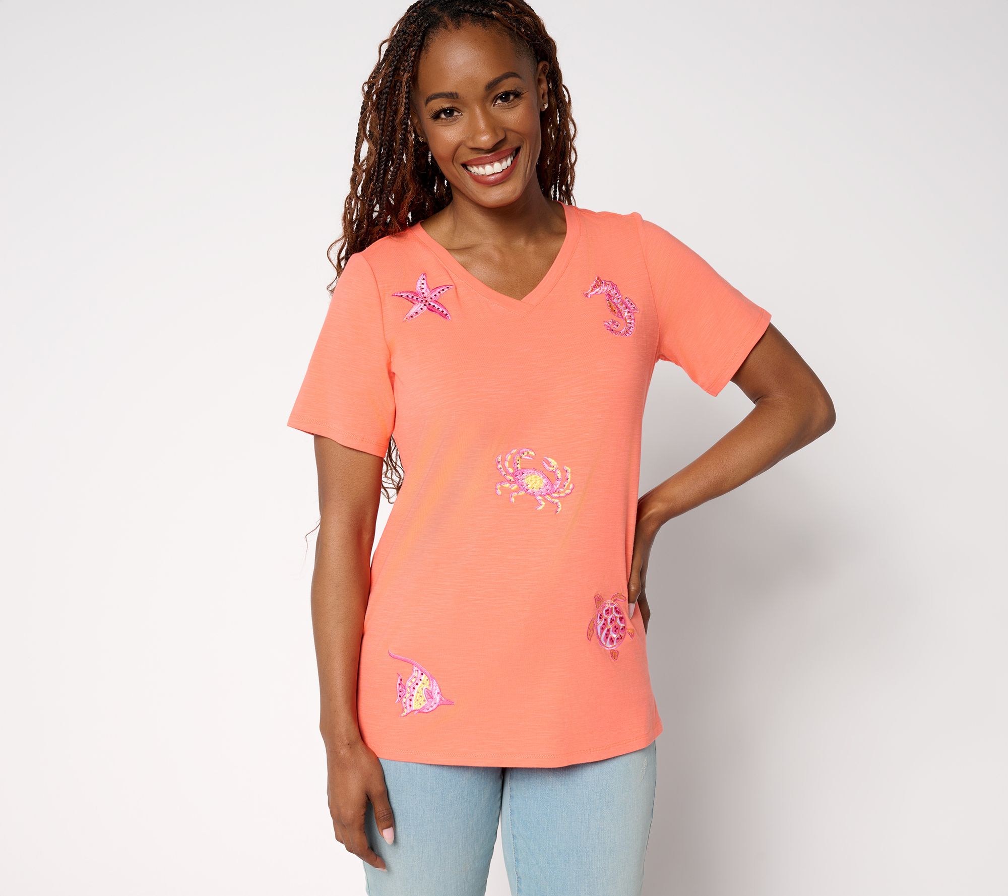 Quacker Factory Vitamin Sea Embroidered Short Sleeve Top
