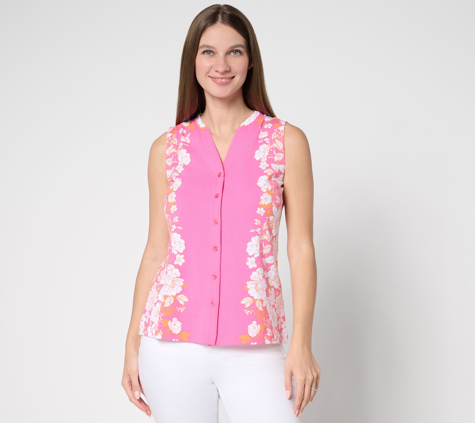 Isaac Mizrahi Live! Placement Print Button Front Sleeveless Top