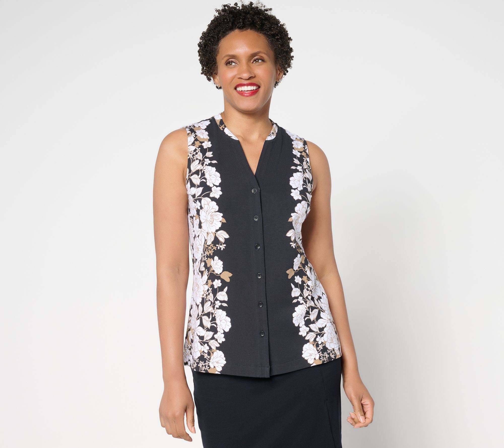 Isaac Mizrahi Live! Placement Print Button Front Sleeveless Top