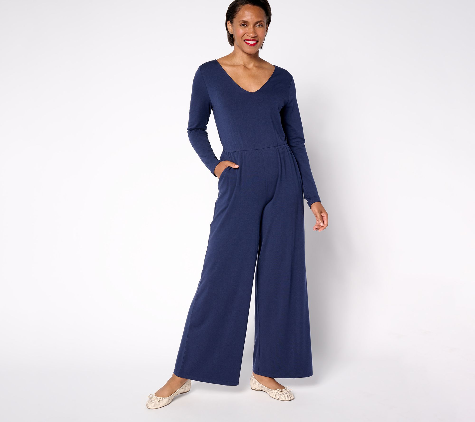 "As Is" AnyBody Petite Cozy Knit Long Sleeve V-Neck Jumpsuit