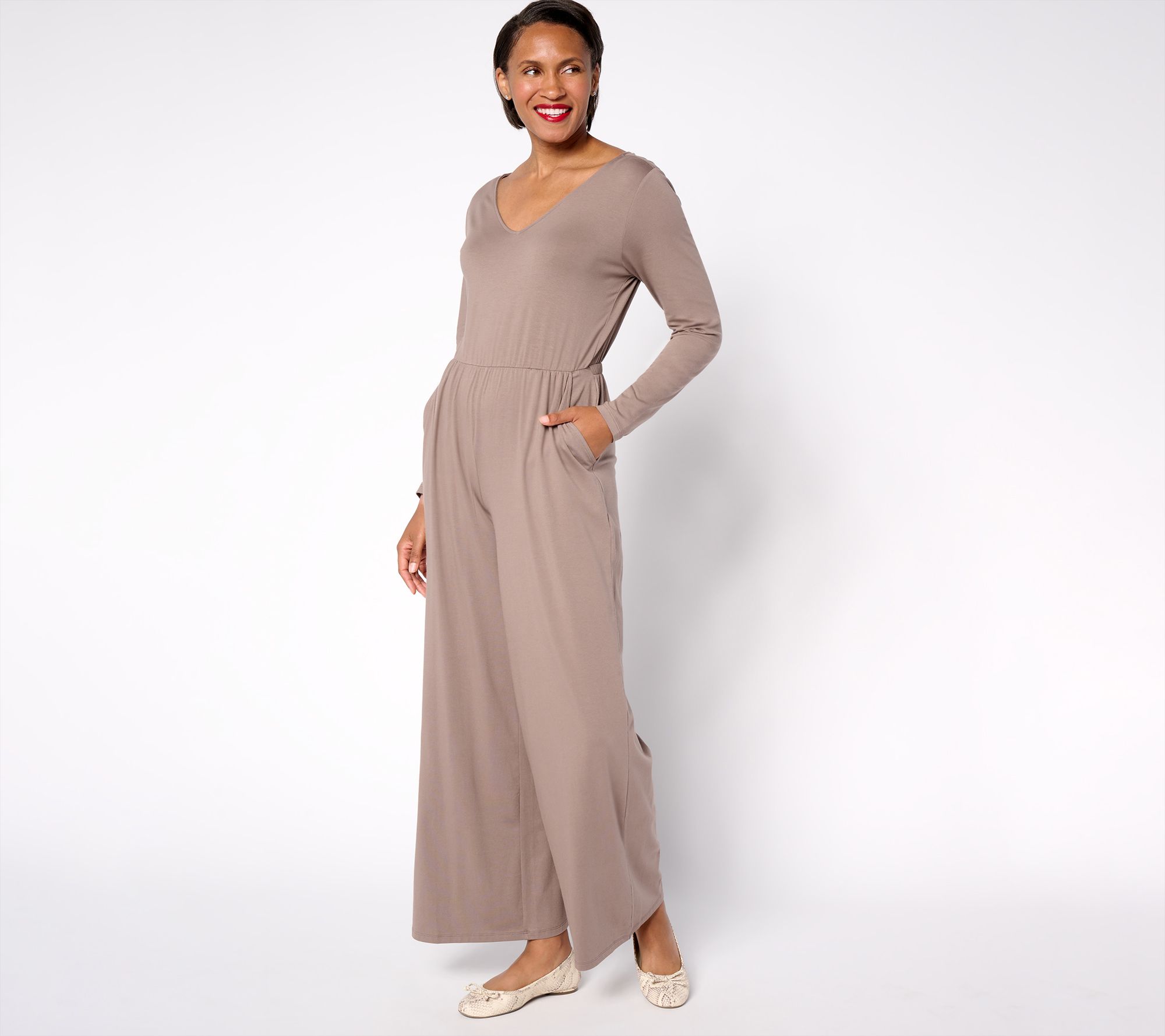 "As Is" AnyBody Petite Cozy Knit Long Sleeve V-Neck Jumpsuit