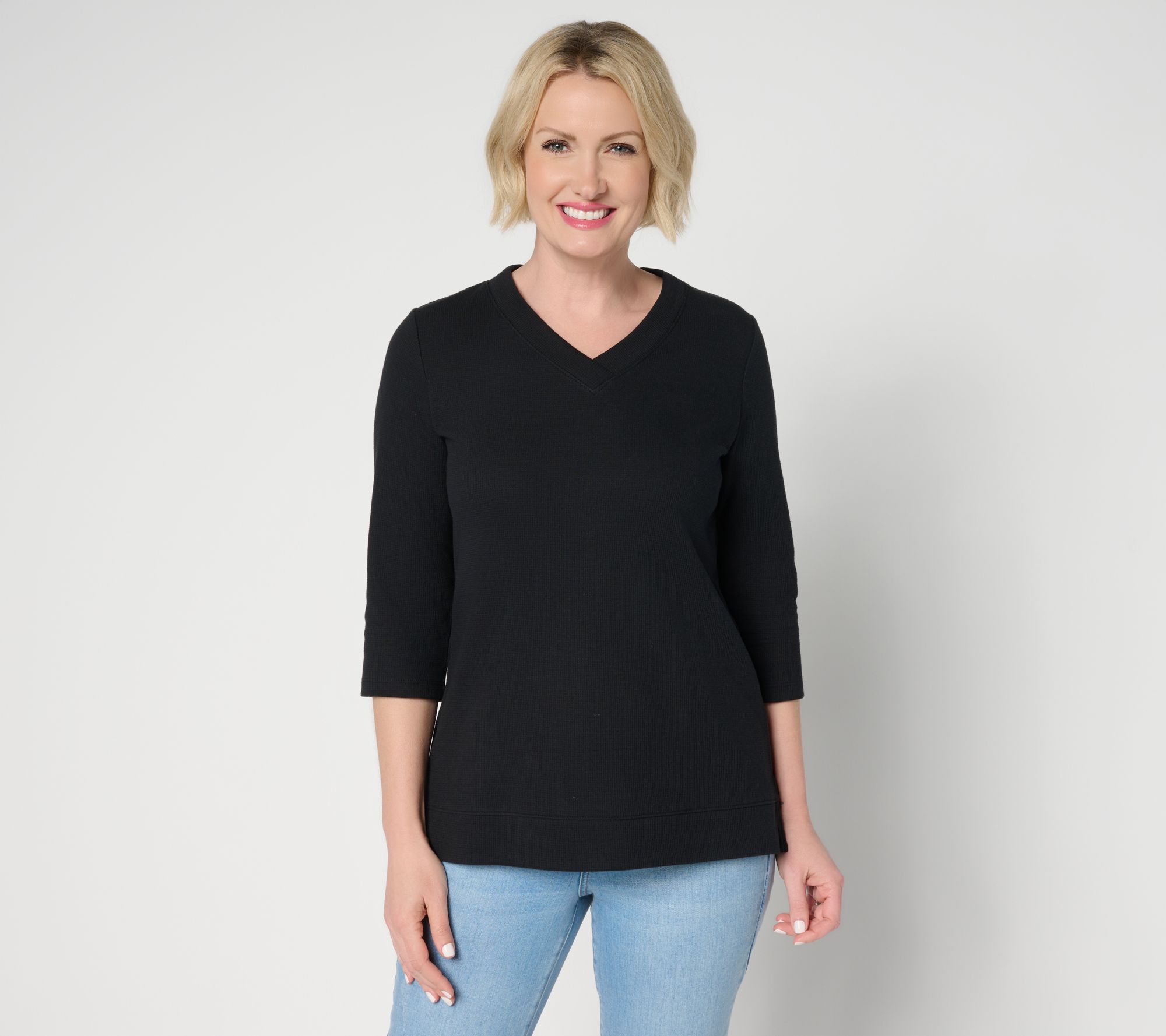 Denim & Co. Essentials Waffle Knit 3/4 Sleeve V-Neck Top