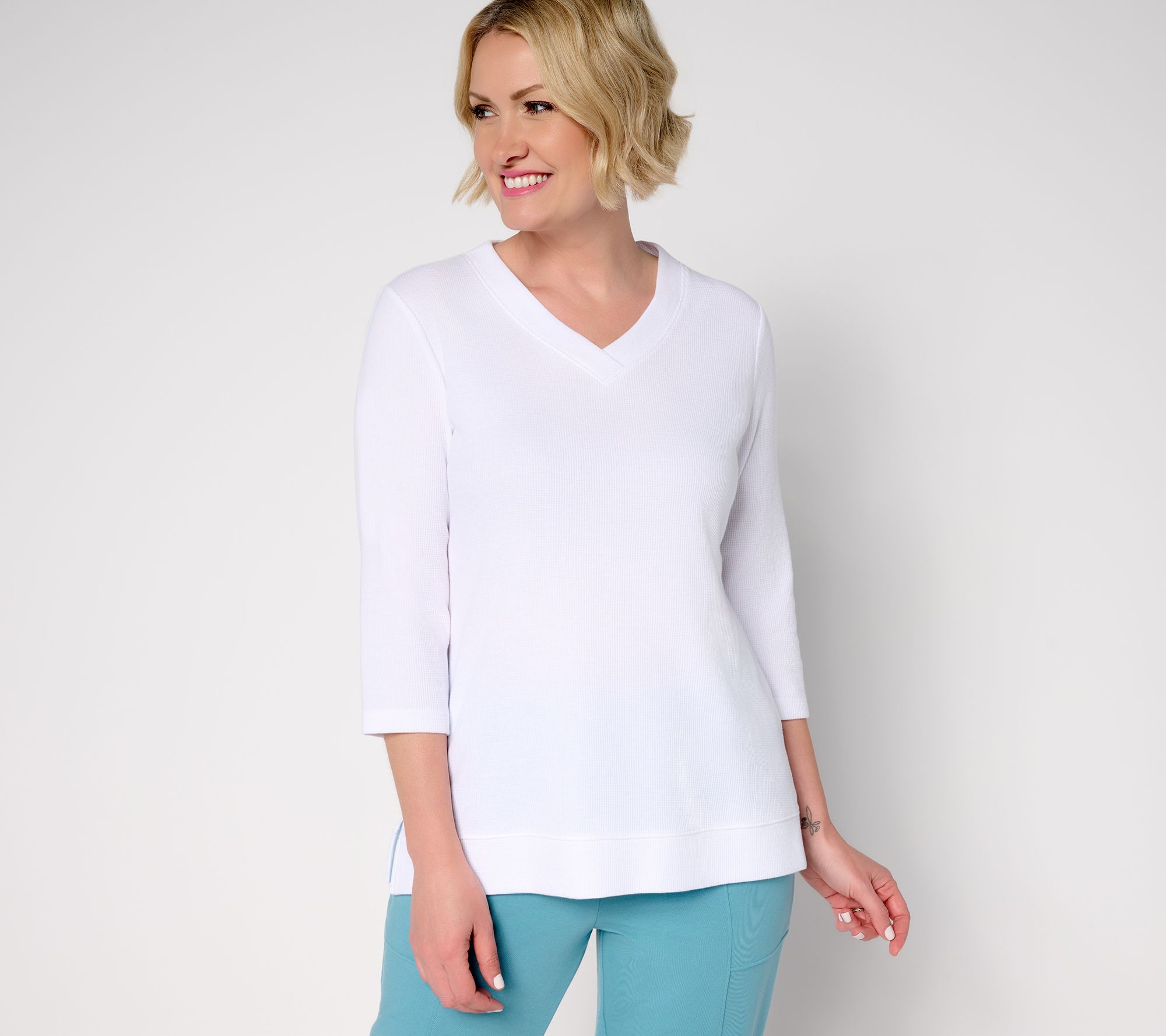 Denim & Co. Essentials Waffle Knit 3/4 Sleeve V-Neck Top
