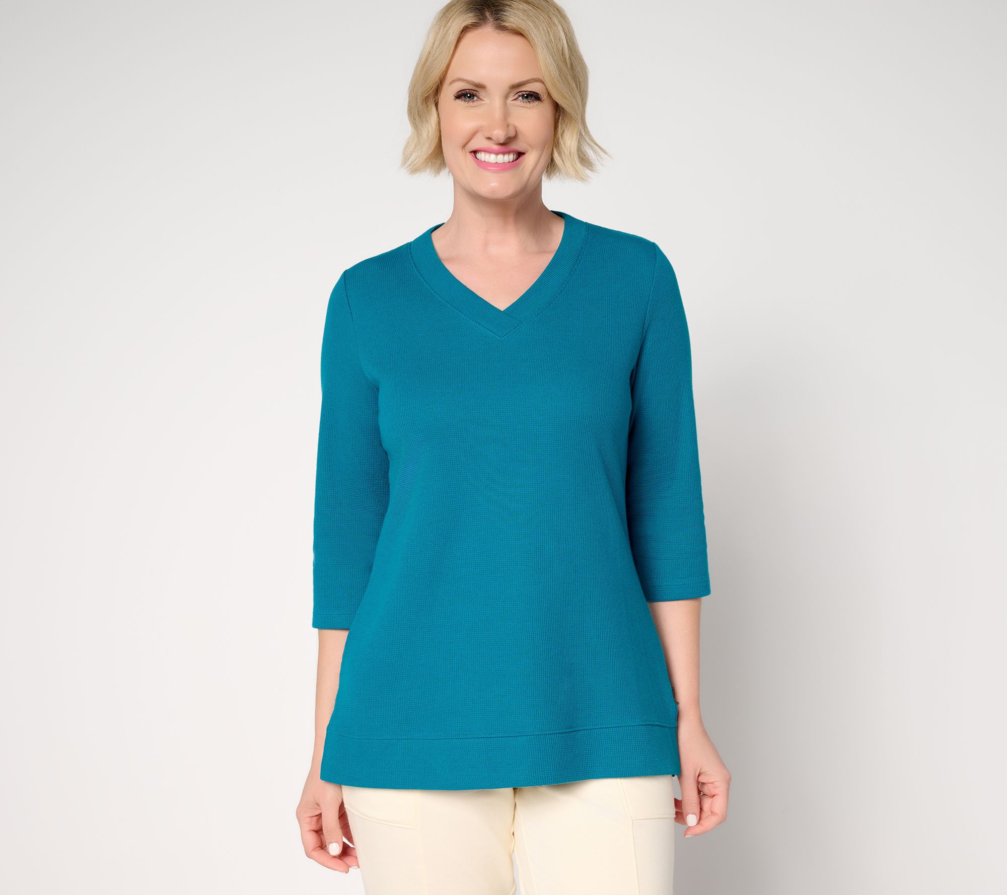 Denim & Co. Essentials Waffle Knit 3/4 Sleeve V-Neck Top