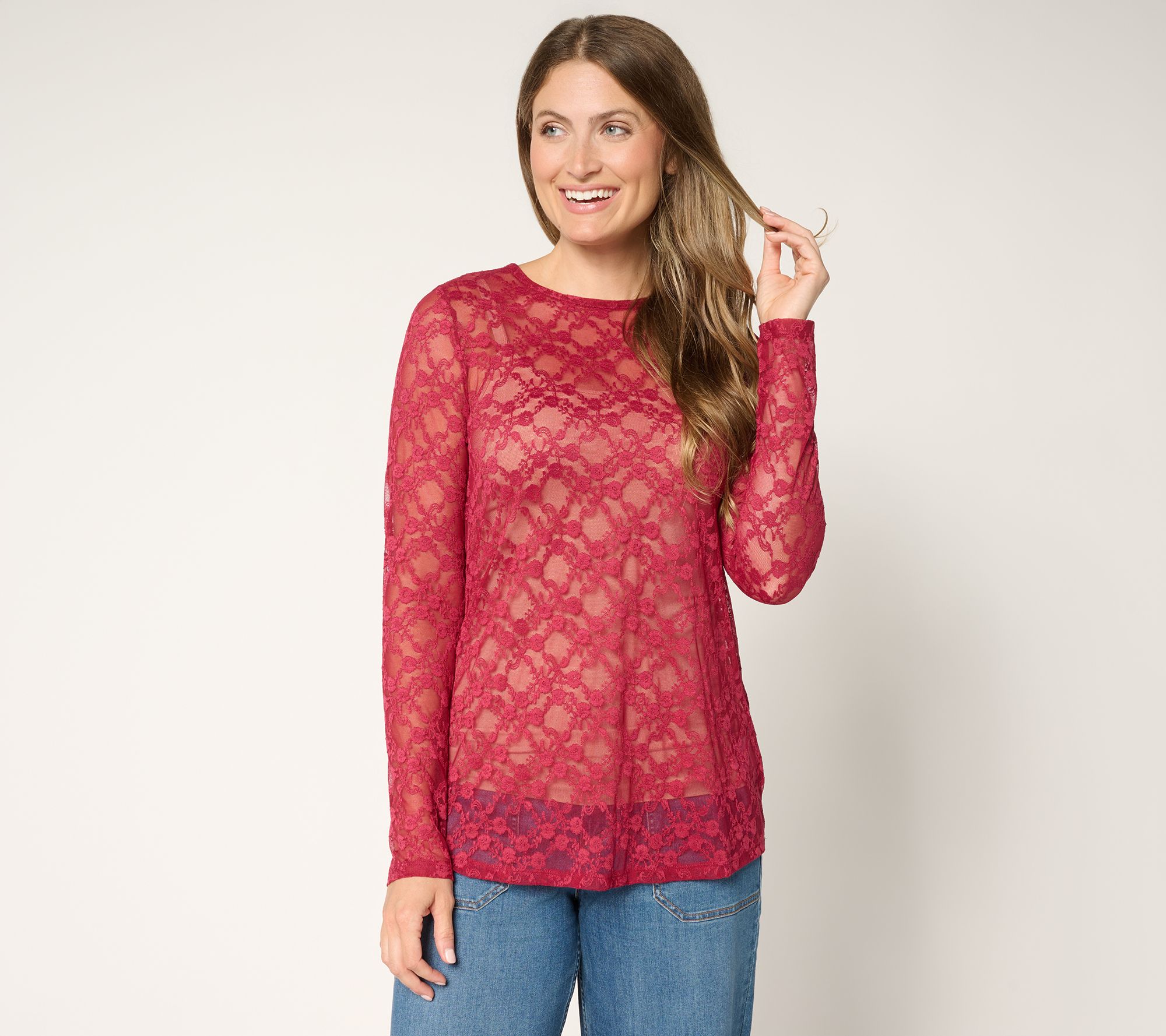 LOGO Layers by Lori Goldstein Stretch Lace Long Sleeve Top