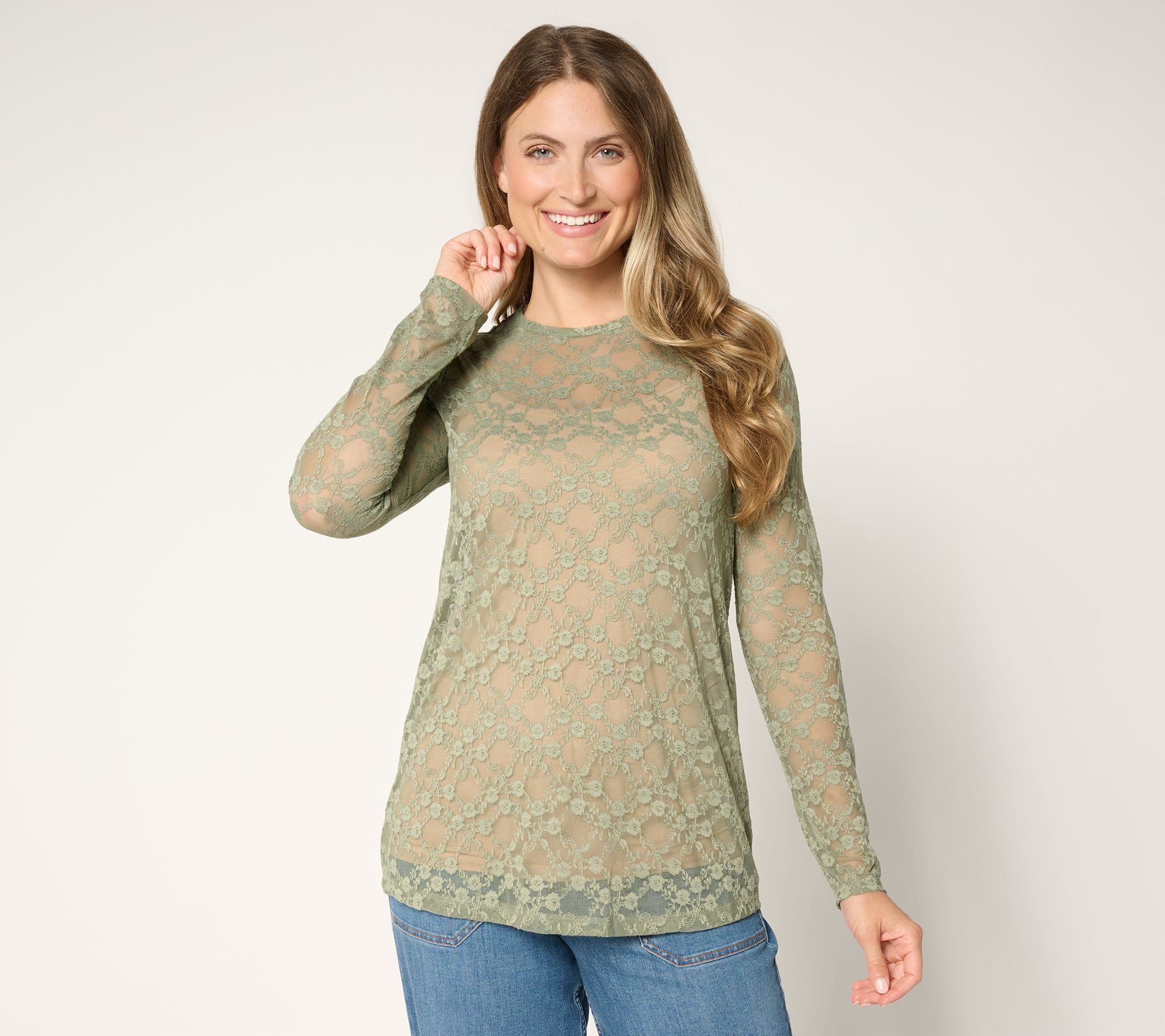 LOGO Layers by Lori Goldstein Stretch Lace Long Sleeve Top