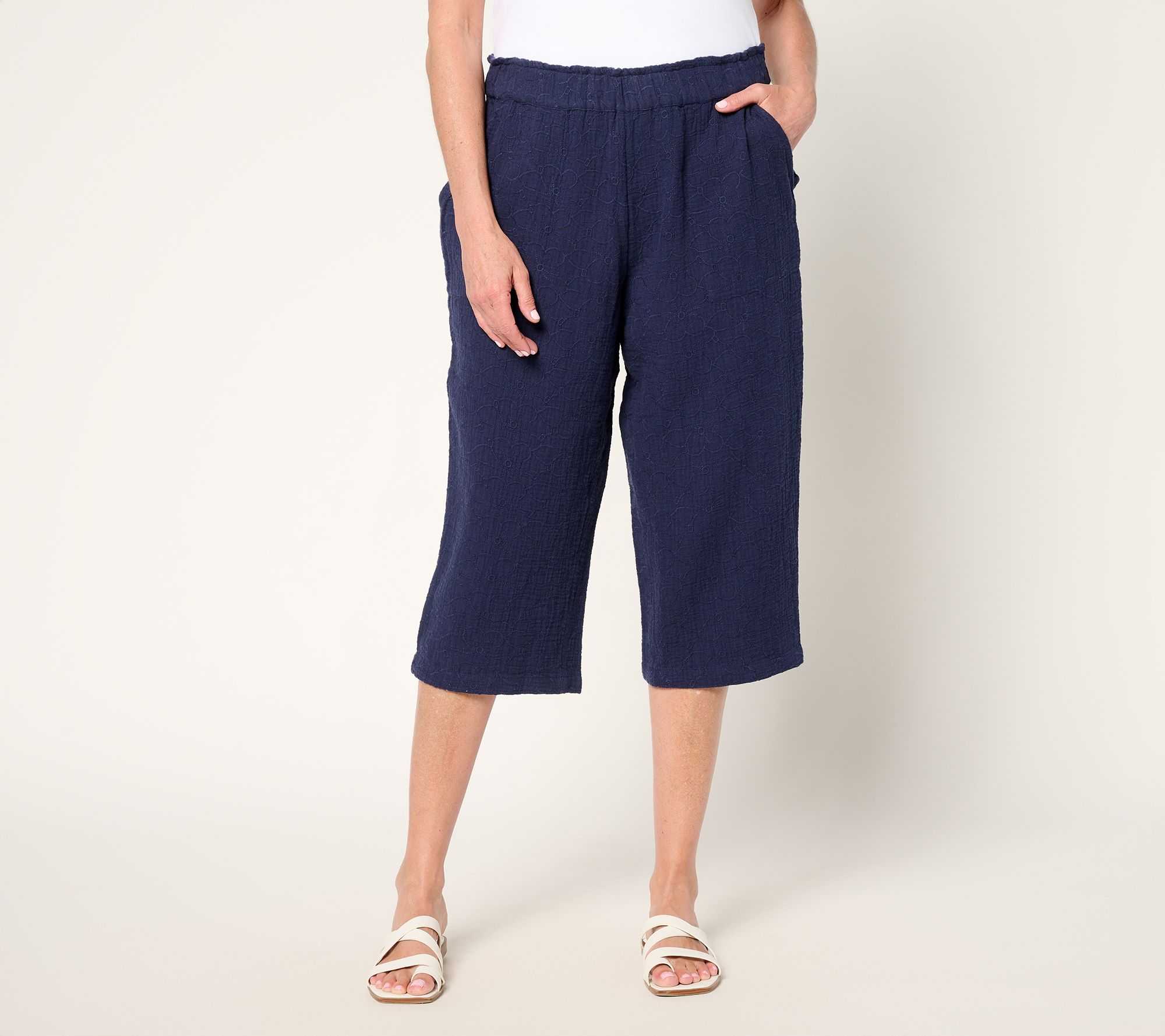 "As Is" Denim & Co. Beach Reg Cotton Gauze Capri Pant Stitch Detail