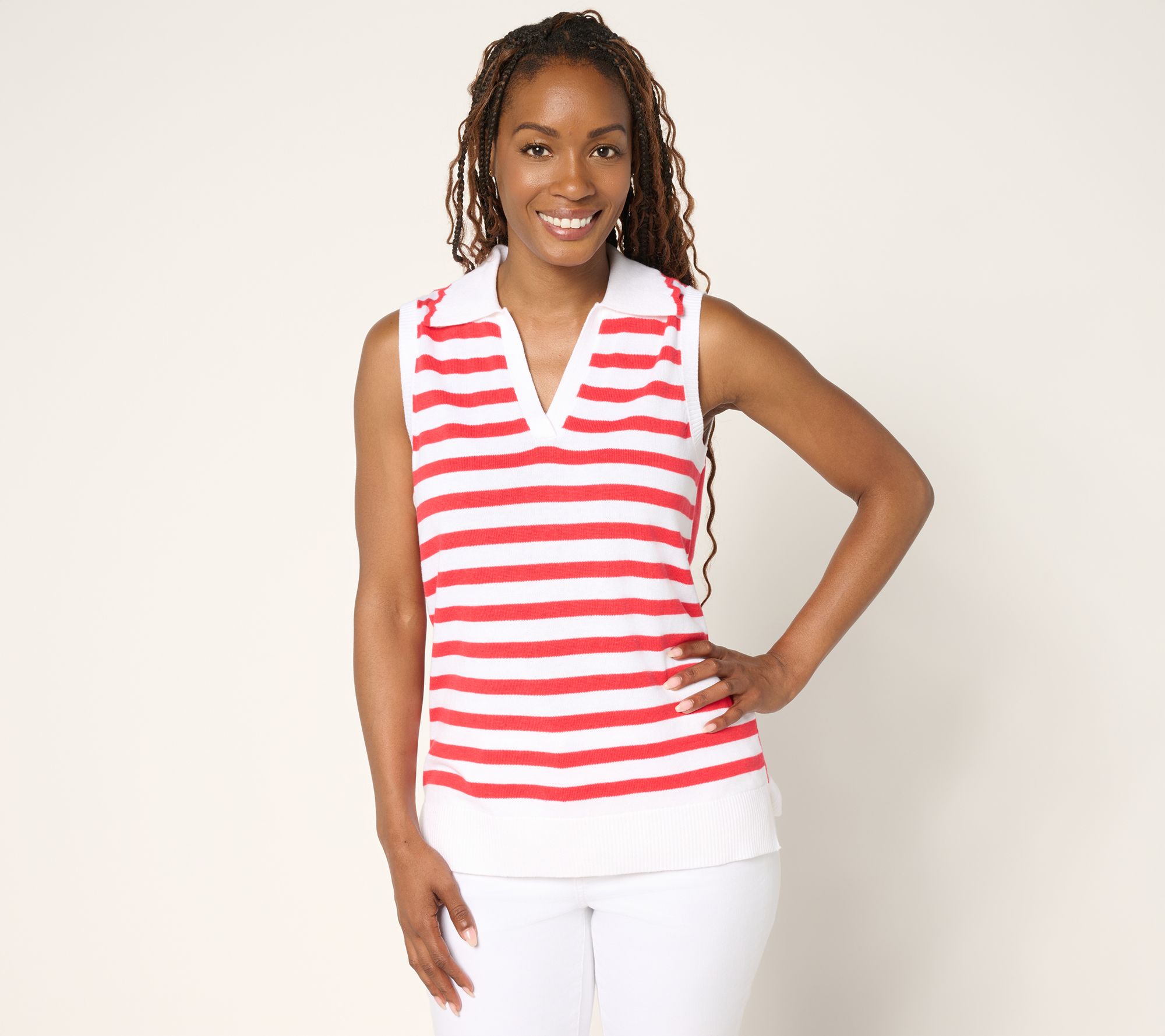 "As Is" Belle by Kim Gravel Striped Front Solid Back Sweater Polo