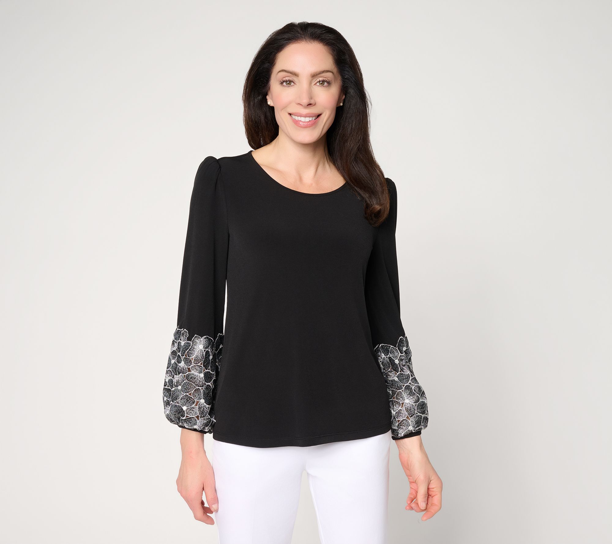 Susan Graver Liquid Knit Scoop-Neck Lace Sleeve Top