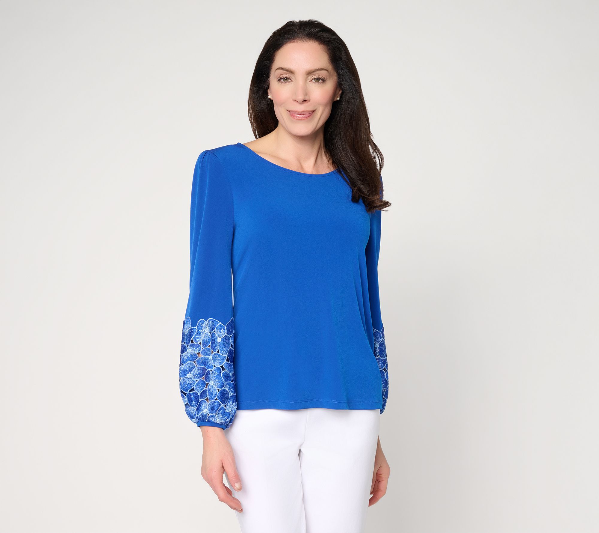 Susan Graver Liquid Knit Scoop-Neck Lace Sleeve Top