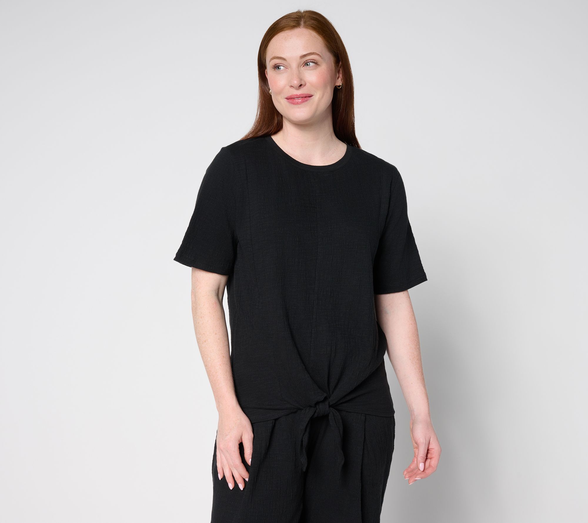 "As Is" AnyBody Crinkle Knit Jersey Tie Front Tee