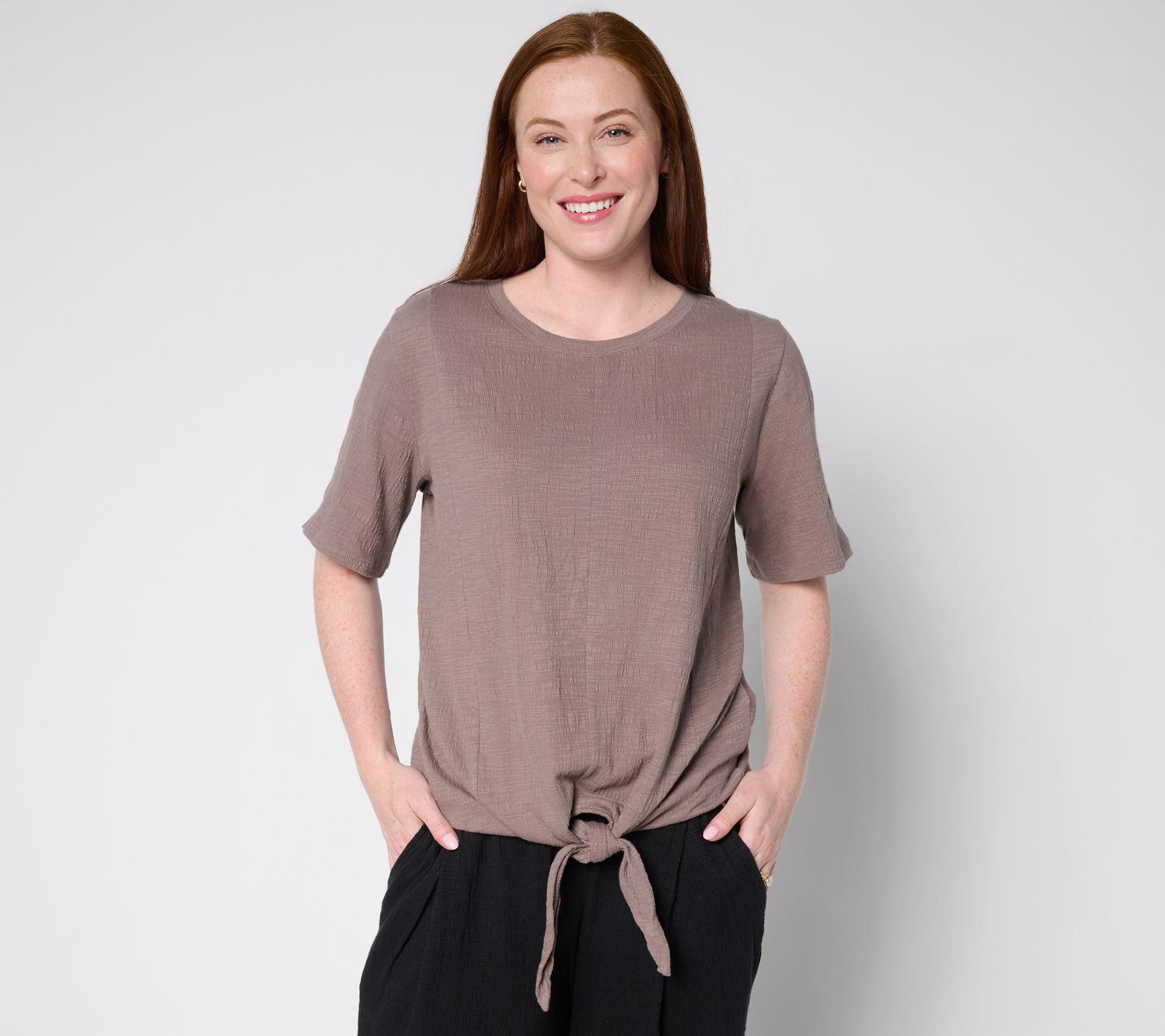 "As Is" AnyBody Crinkle Knit Jersey Tie Front Tee