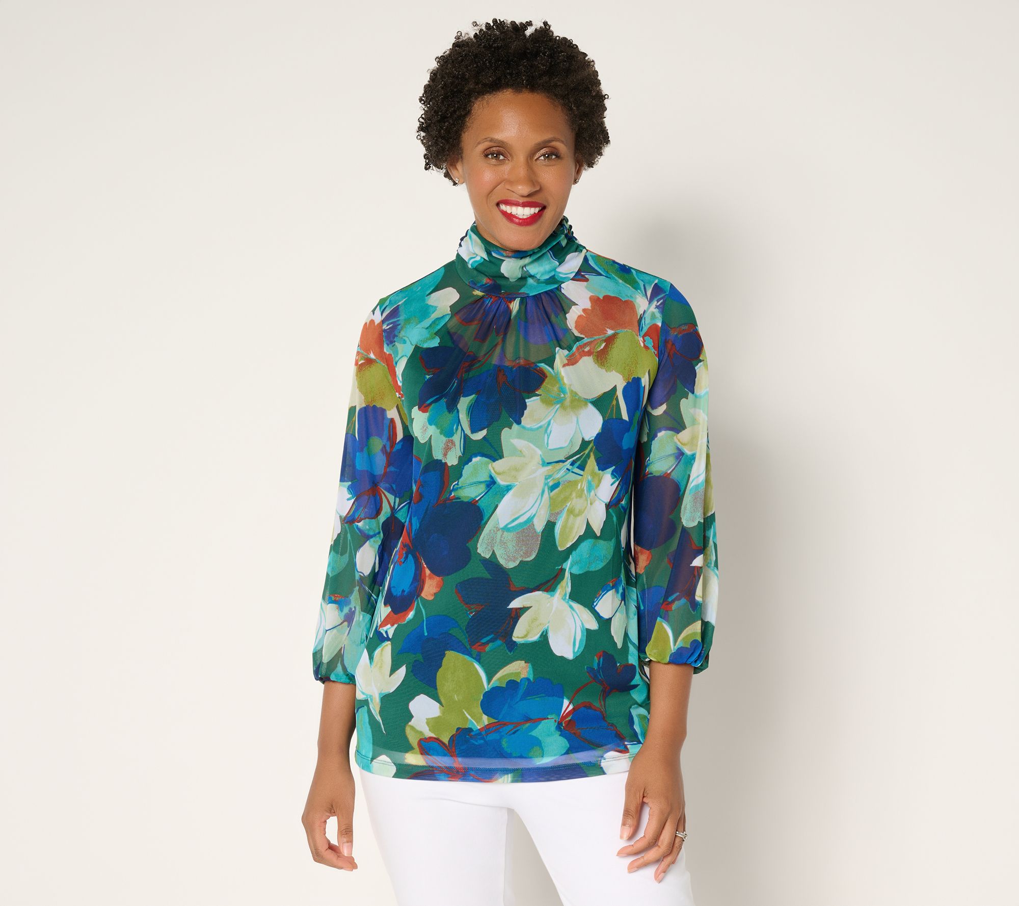 "As Is" Susan Graver Printed Mesh Mock Neck Top and Tank