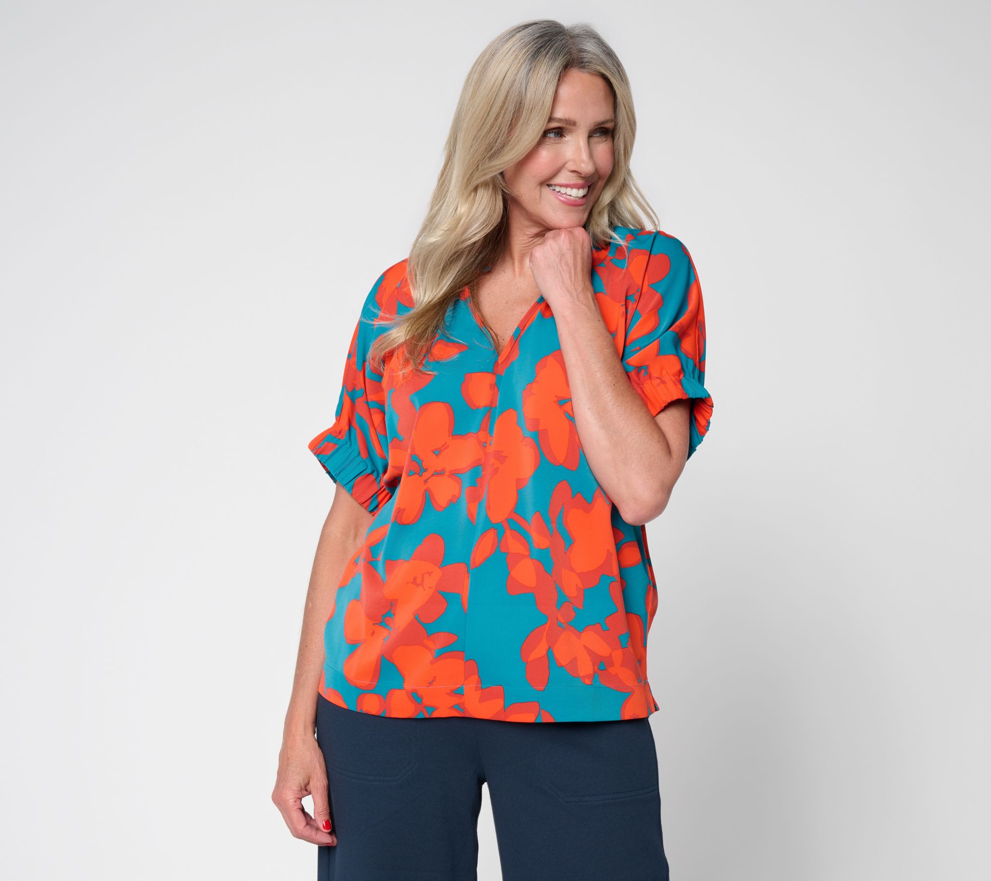 Carla Rockmore Collection Printed Crepe VNeck Short Sleeve Top