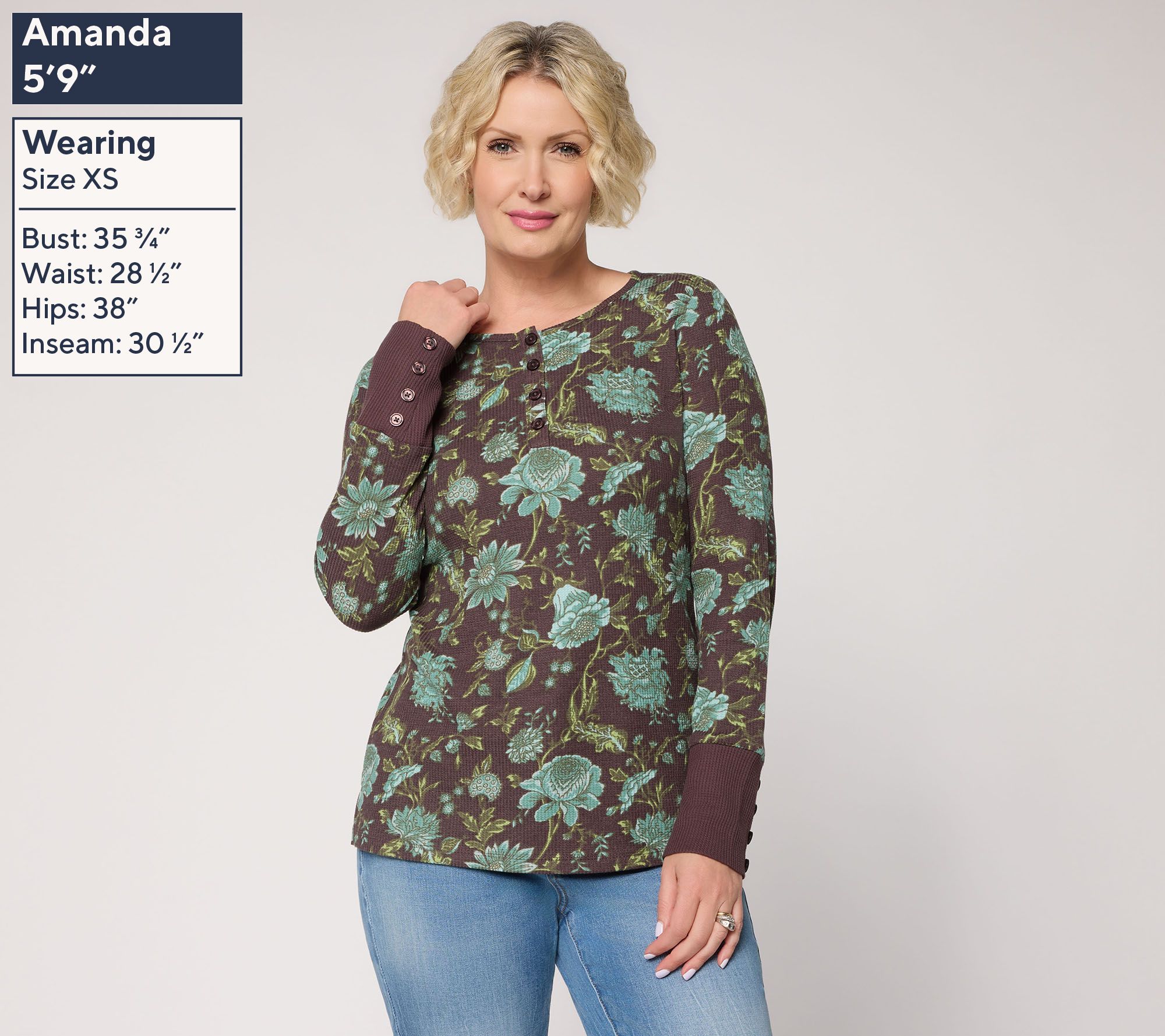 Belle by Kim Gravel Micro Waffle Amber Bloom Henley | QVC