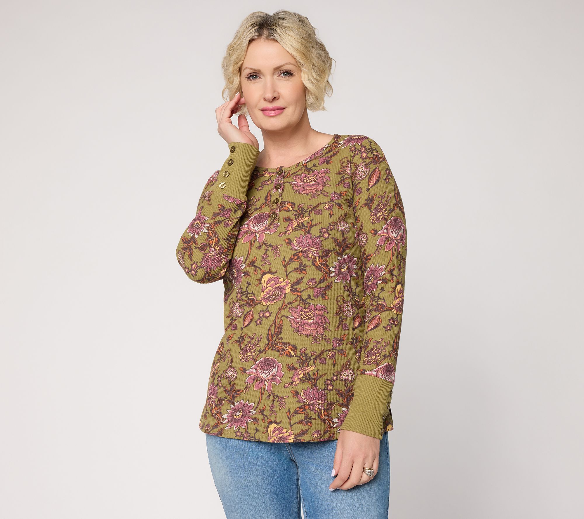 Belle by Kim Gravel Micro Waffle Amber Bloom Henley
