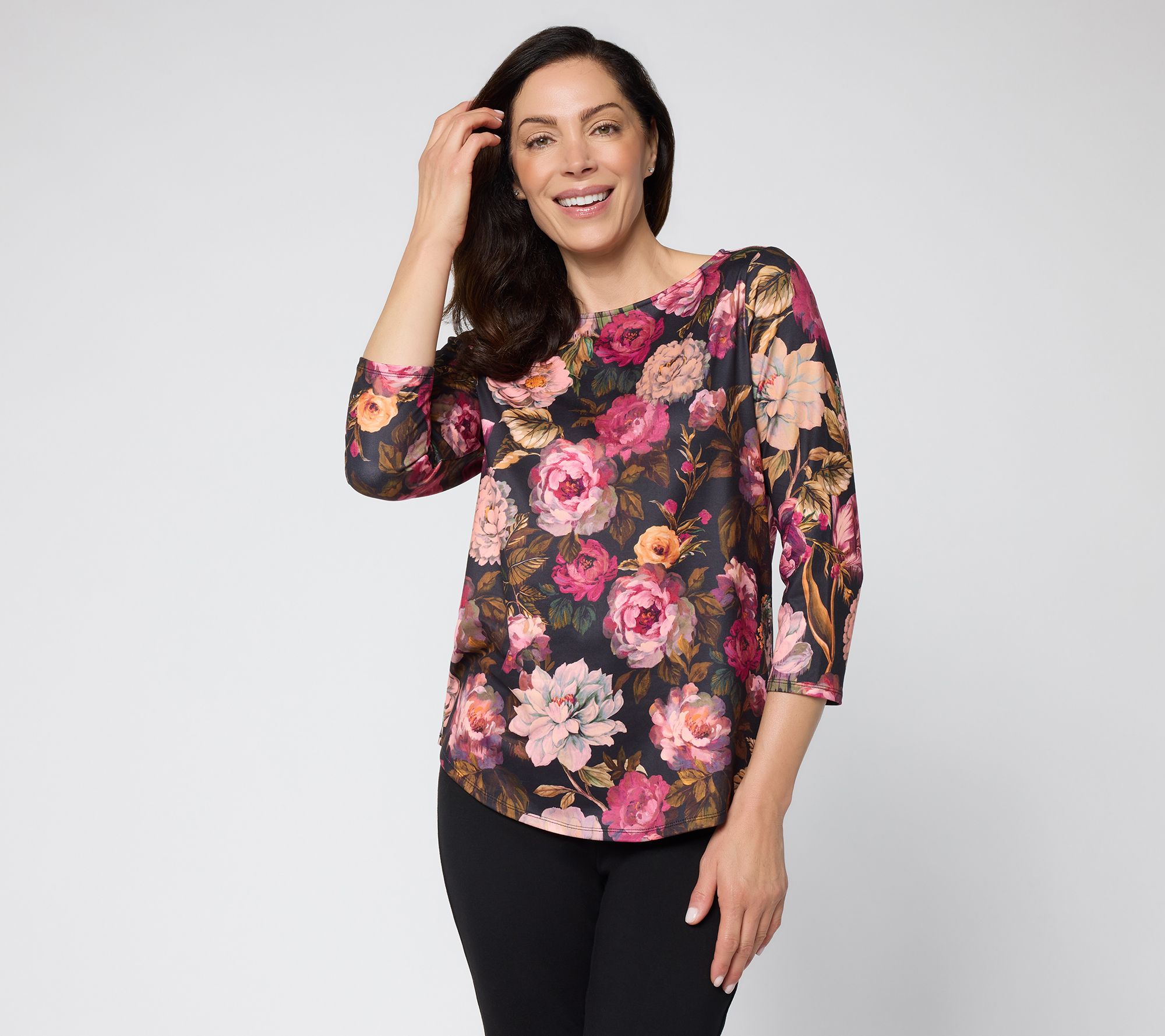 Susan Graver Printed Brushed Knit Bateau Neck 3/4 Sleeve Top