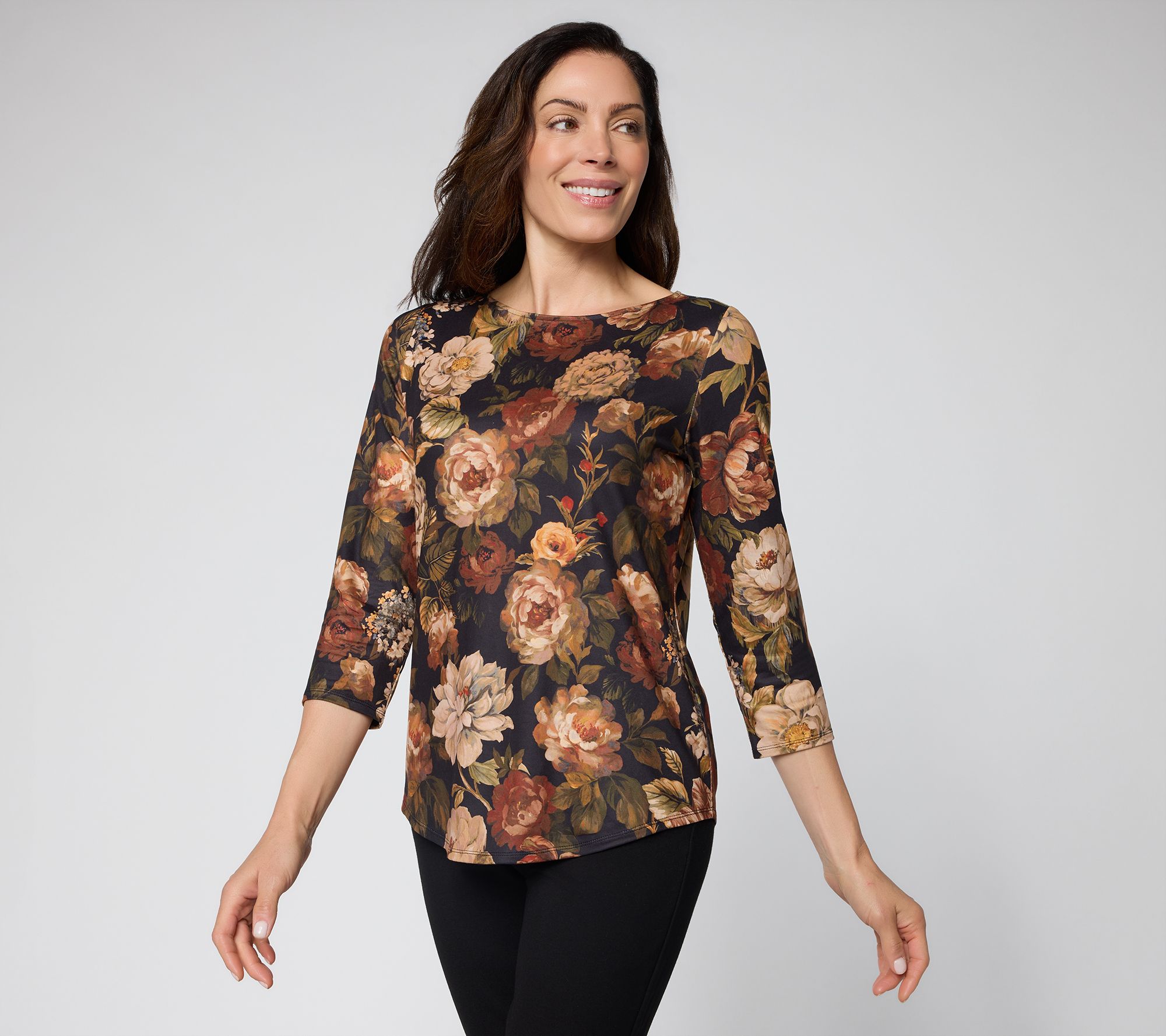 Susan Graver Printed Brushed Knit Bateau Neck 3/4 Sleeve Top