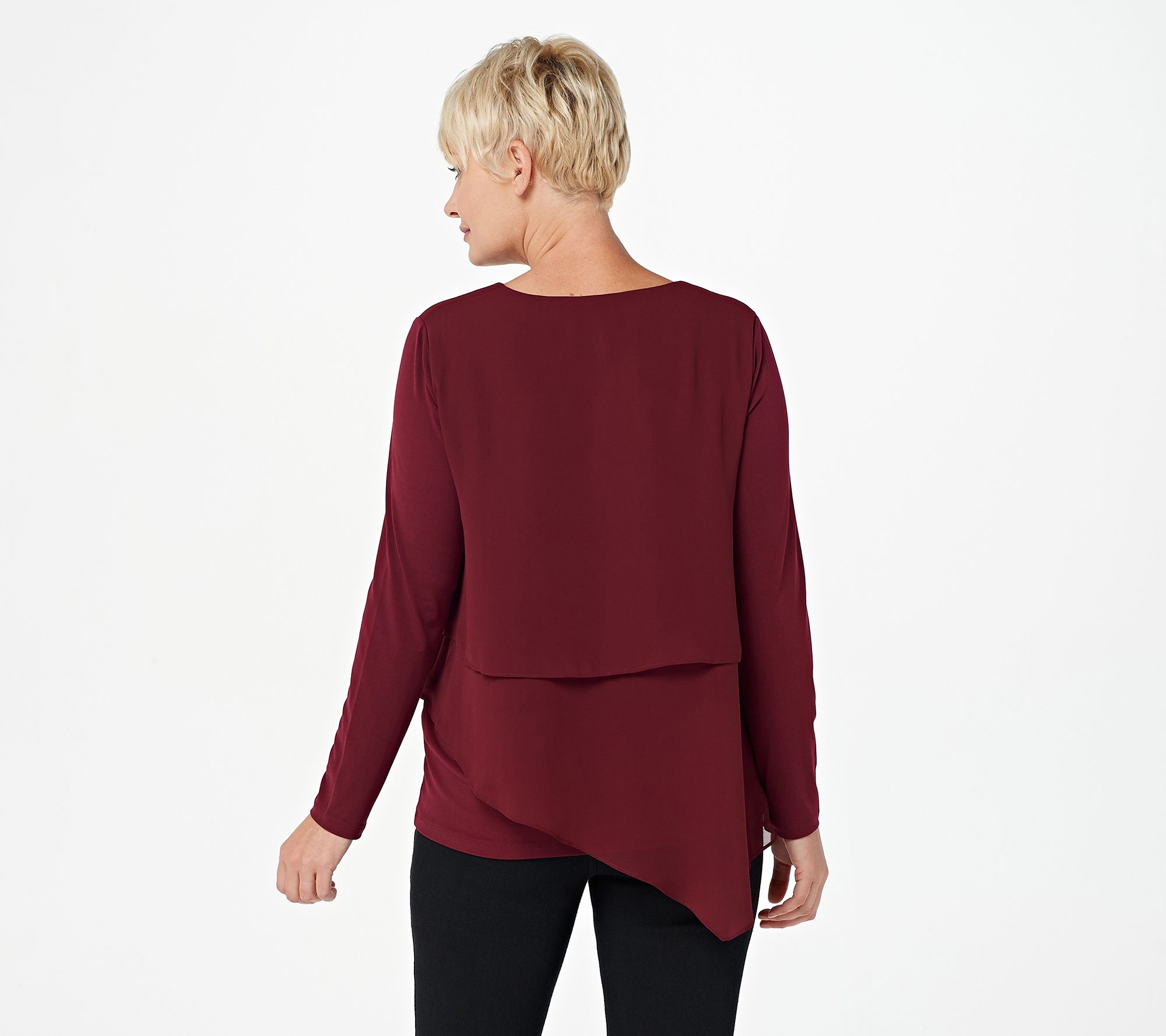 Susan Graver Liquid Knit Top with Tiered Chiffon Overlay - QVC.com