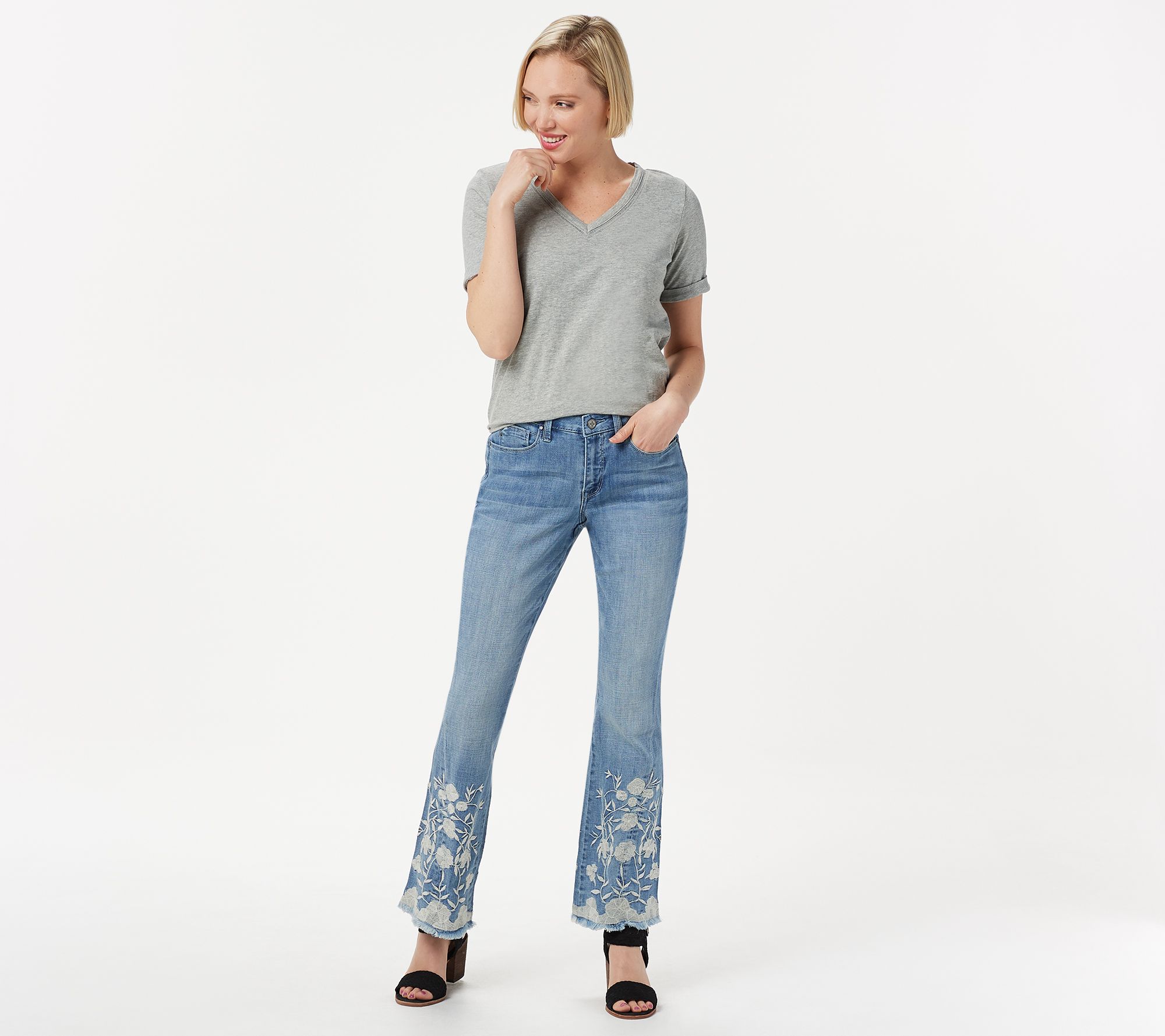 "As Is" Laurie Felt Petite Classic Denim Embroidered Hem BootCut Jeans