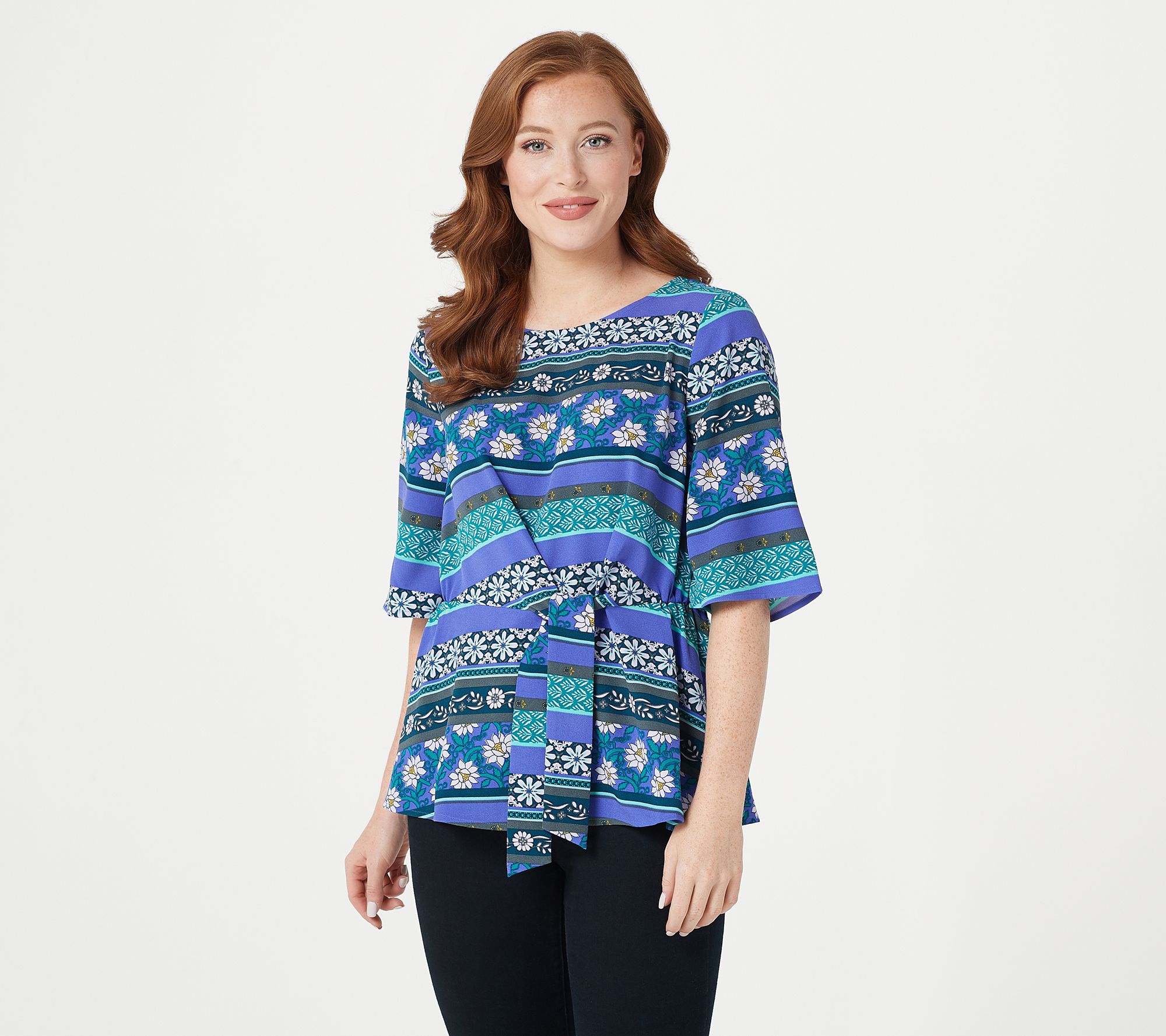 Denim & Co. Luxe Stretch Printed Elbow-Sleeve Tie-Waist Top - QVC.com
