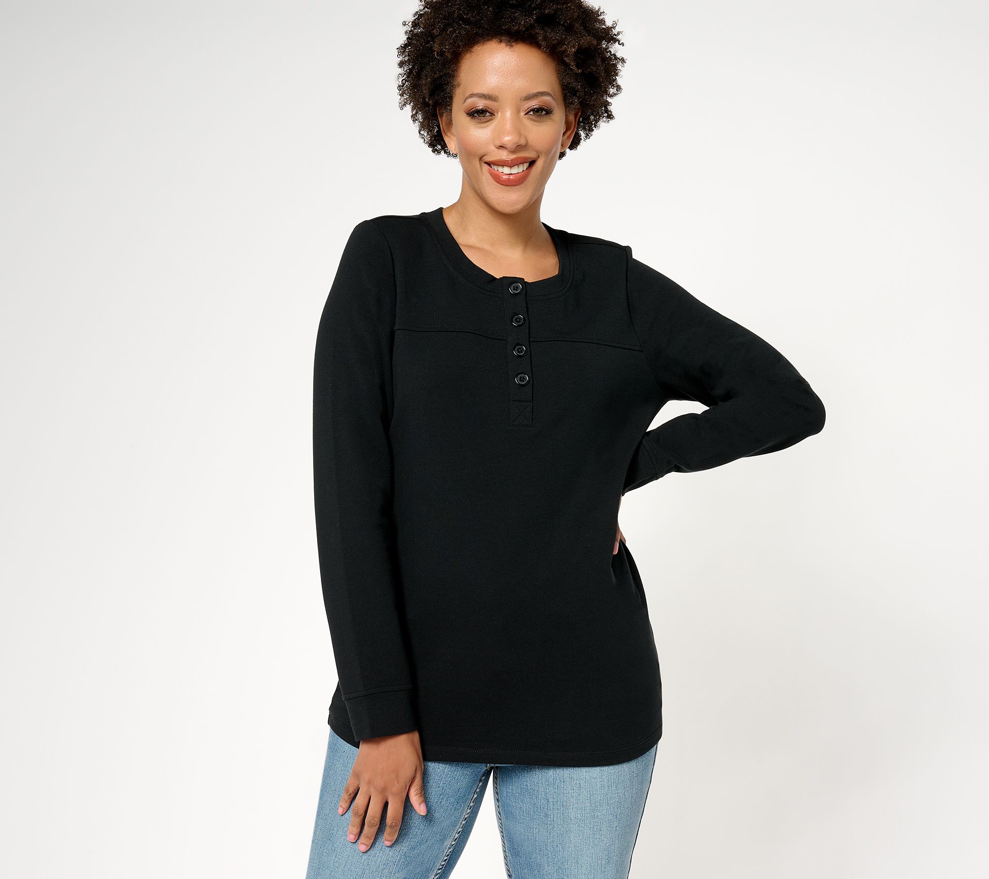 Denim & Co. Active French Terry Round Neck Henley Pullover