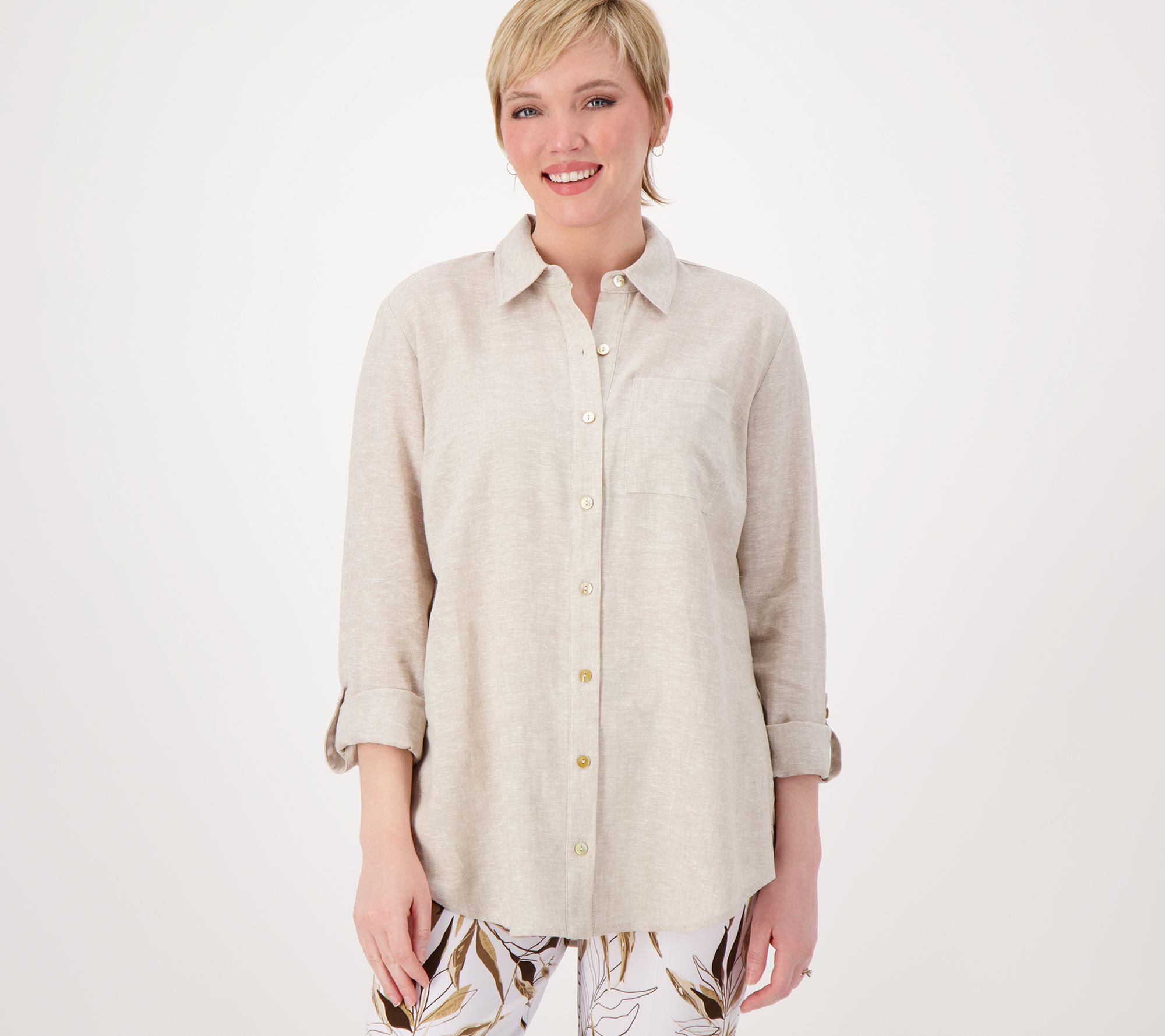 Susan Graver Regular Pure Linen Blend Button Front Shirt - QVC.com