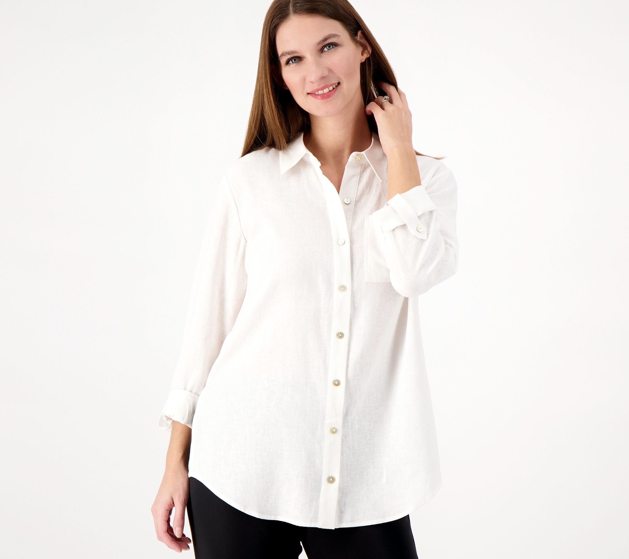 Susan Graver Regular Pure Linen Blend Button Front Shirt