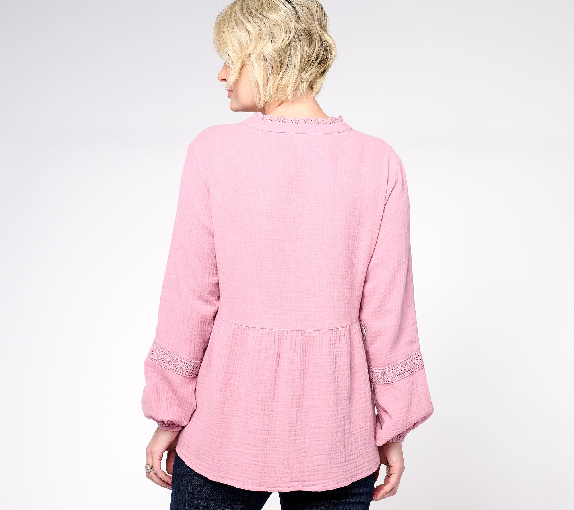 Denim & Co. Canyon Retreat Long Sleeve V Neck Lace Trim Top - QVC.com