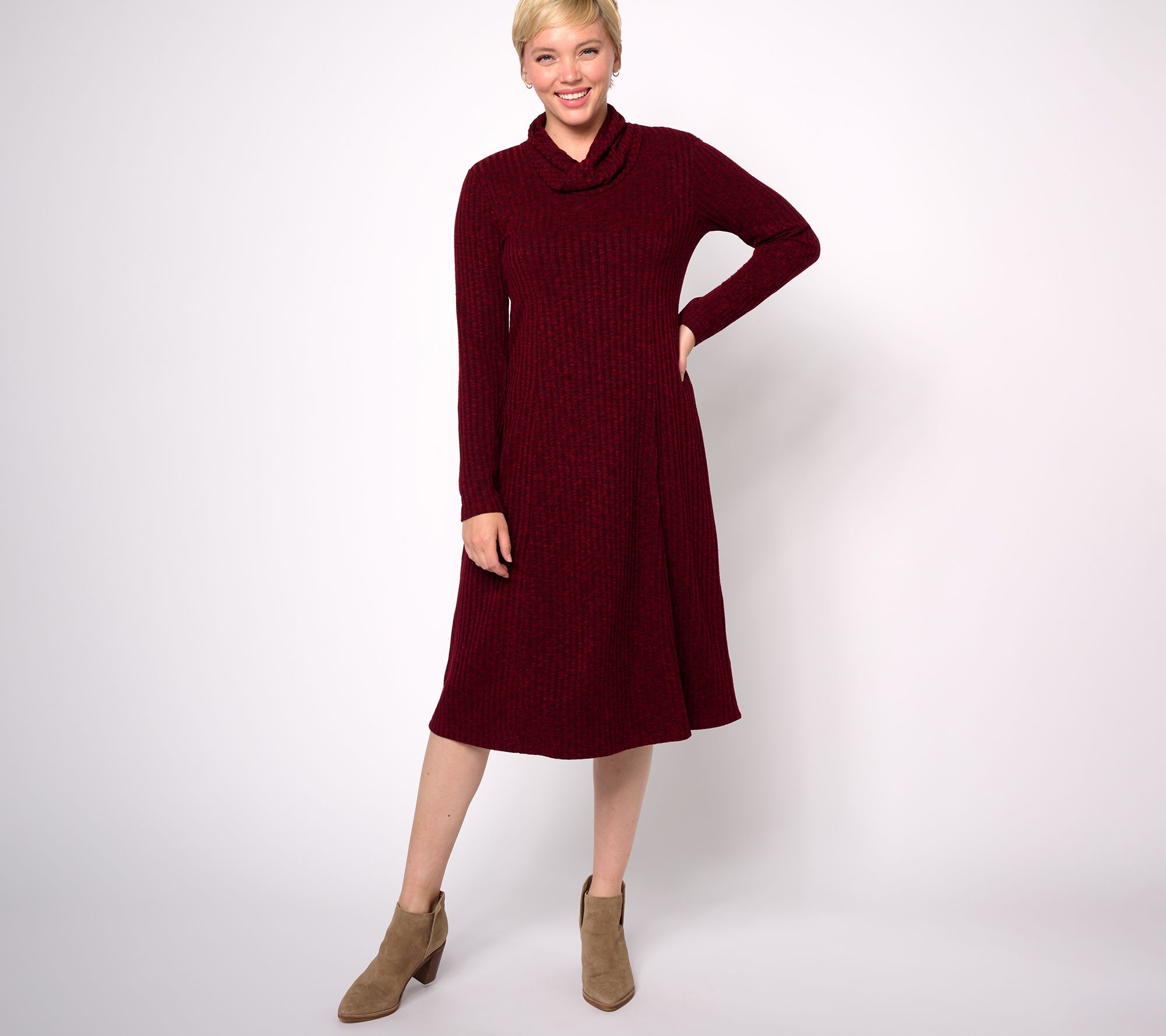 Susan Graver Petite Ribbed Sweater Knit Cowl Neck Midi Dress