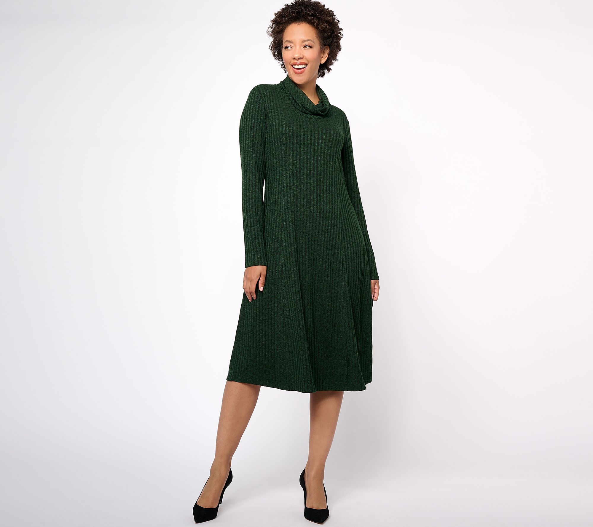 Susan Graver Petite Ribbed Sweater Knit Cowl Neck Midi Dress