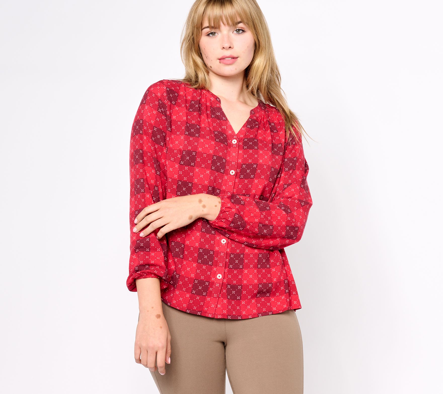 Denim & Co. Heritage Plaid Button Front Y-Neck Blouse