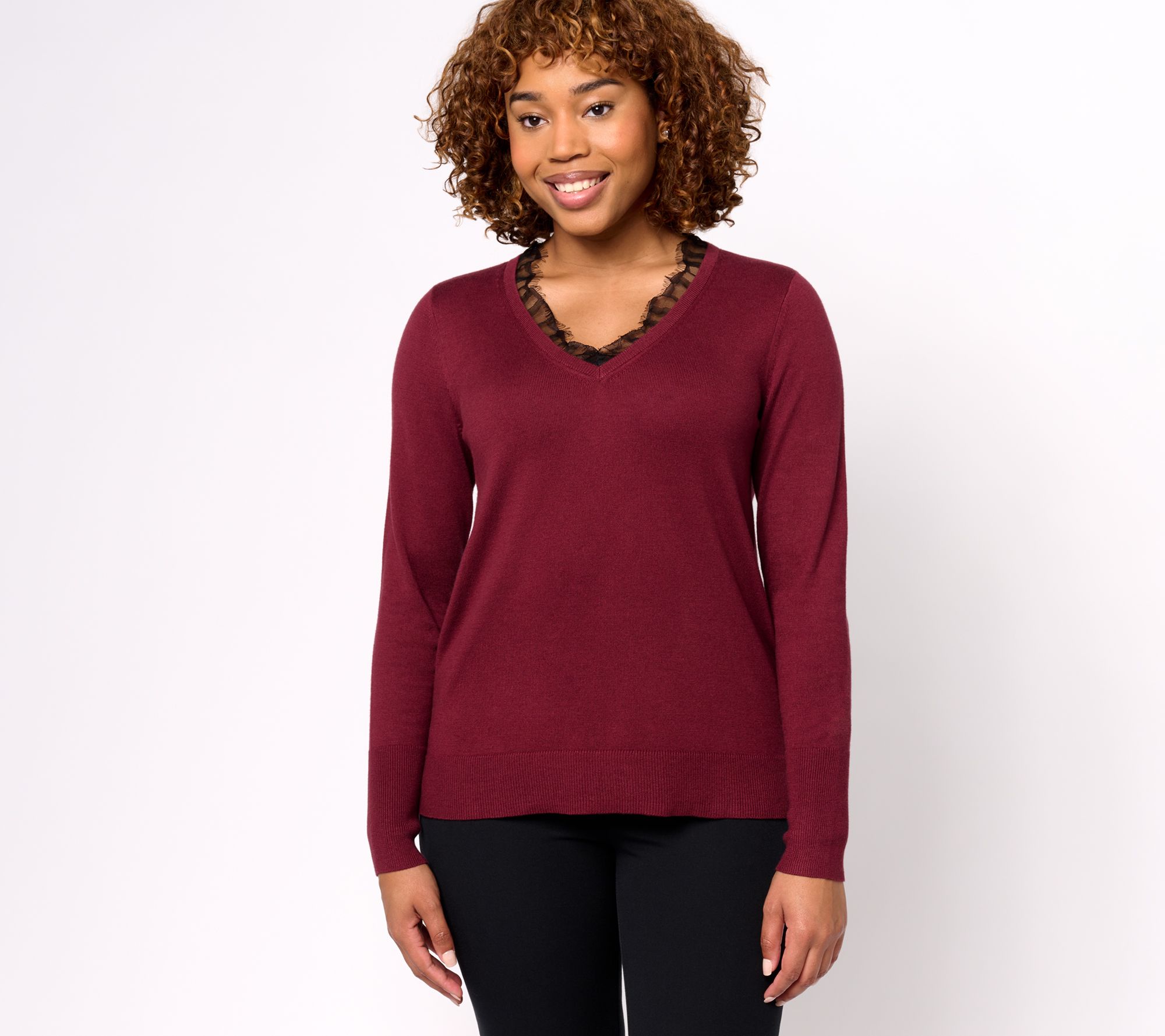 Encore by Idina Menzel Lace Trimmed V-Neck Sweater