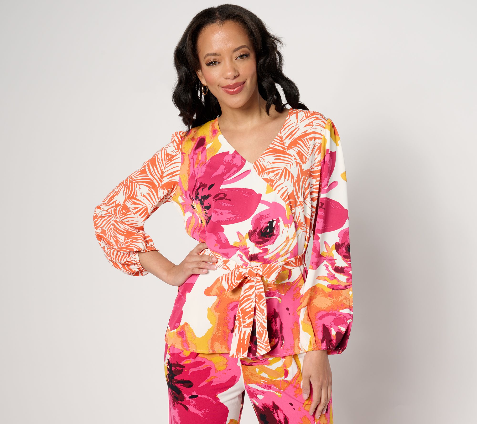 BEAUTIFUL by Lawrence Zarian Mixed Print Faux Wrap Top