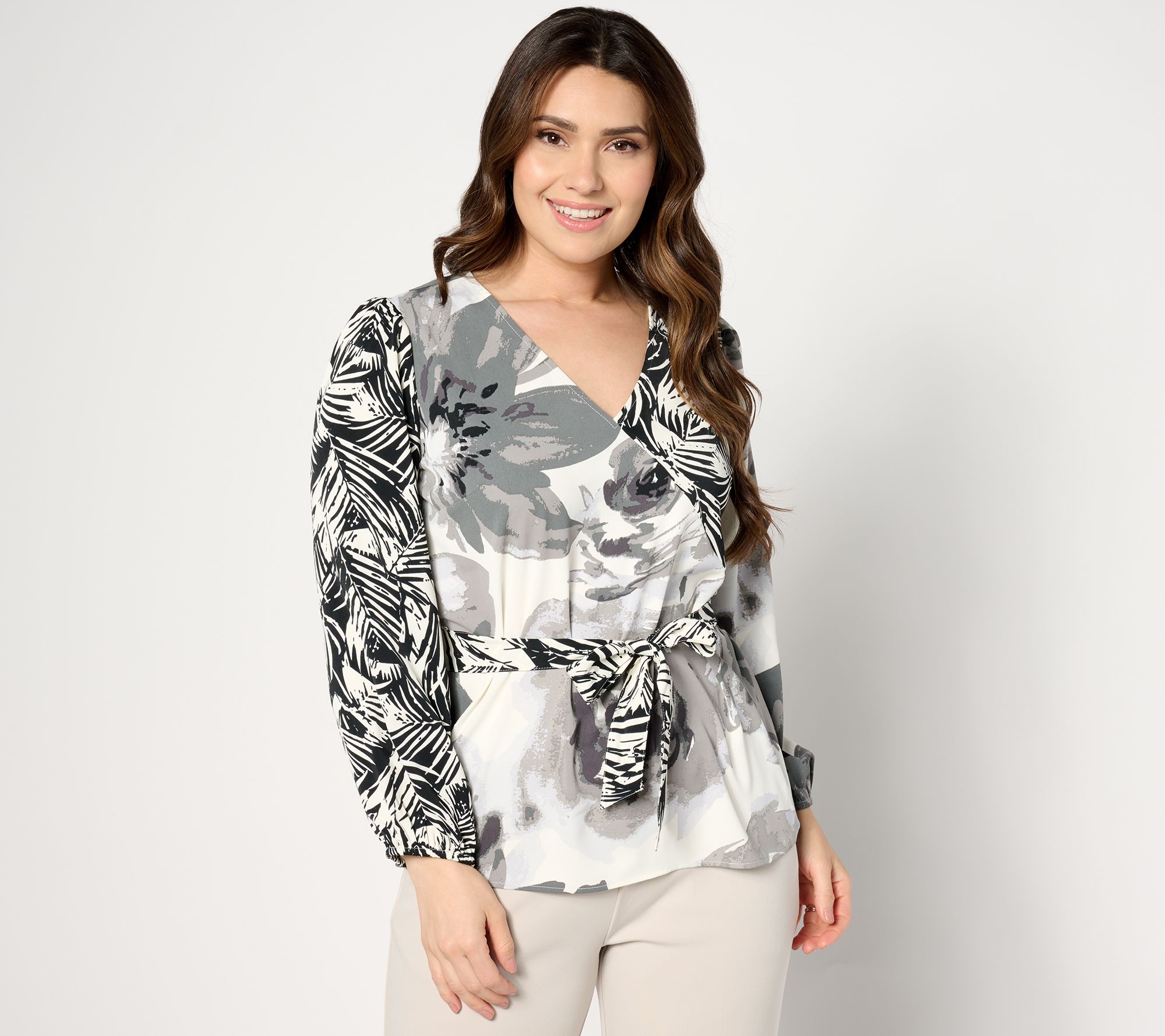 BEAUTIFUL by Lawrence Zarian Mixed Print Faux Wrap Top