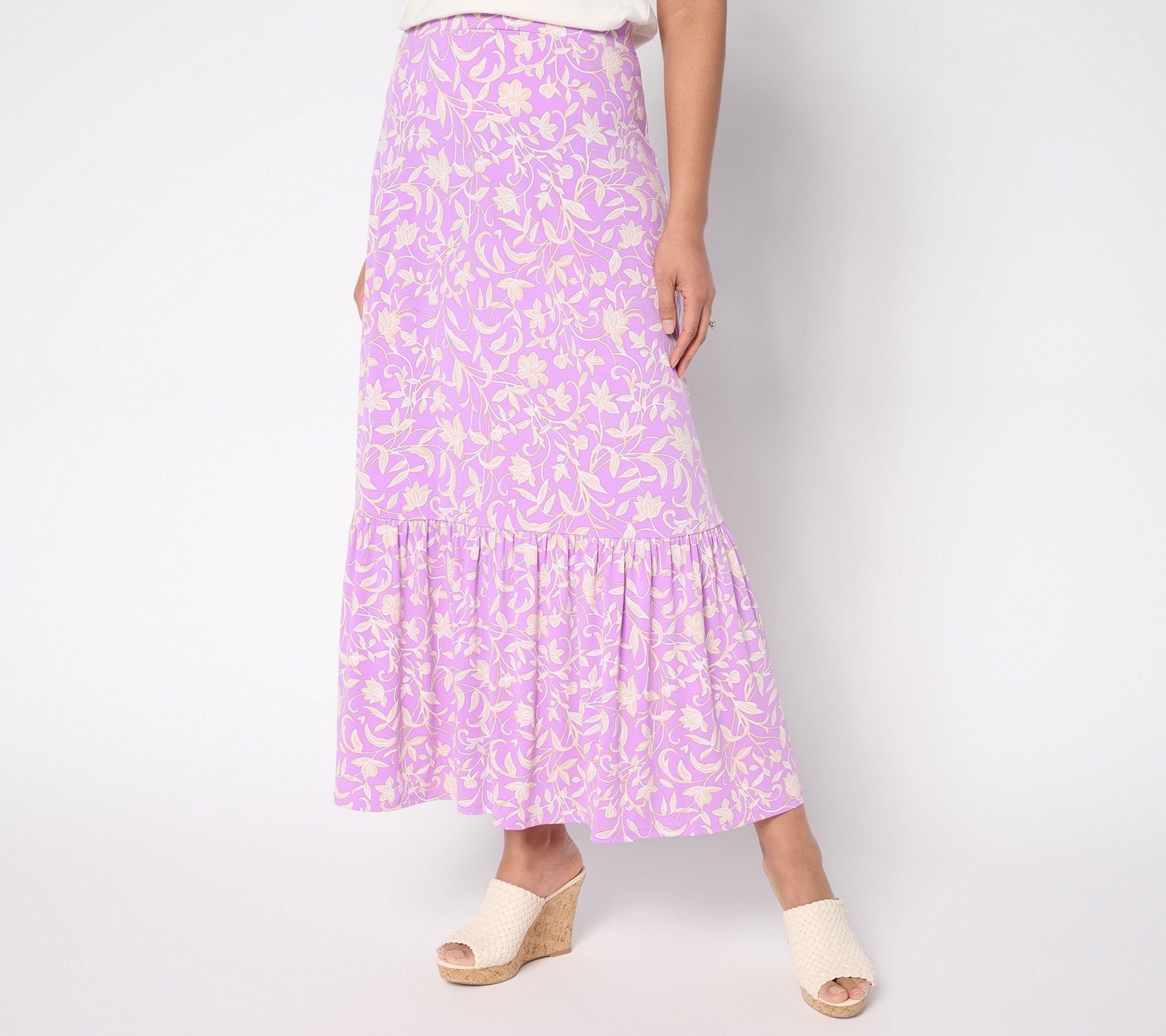 Susan Graver Regular Printed Liquid Knit Tiered Maxi Skirt