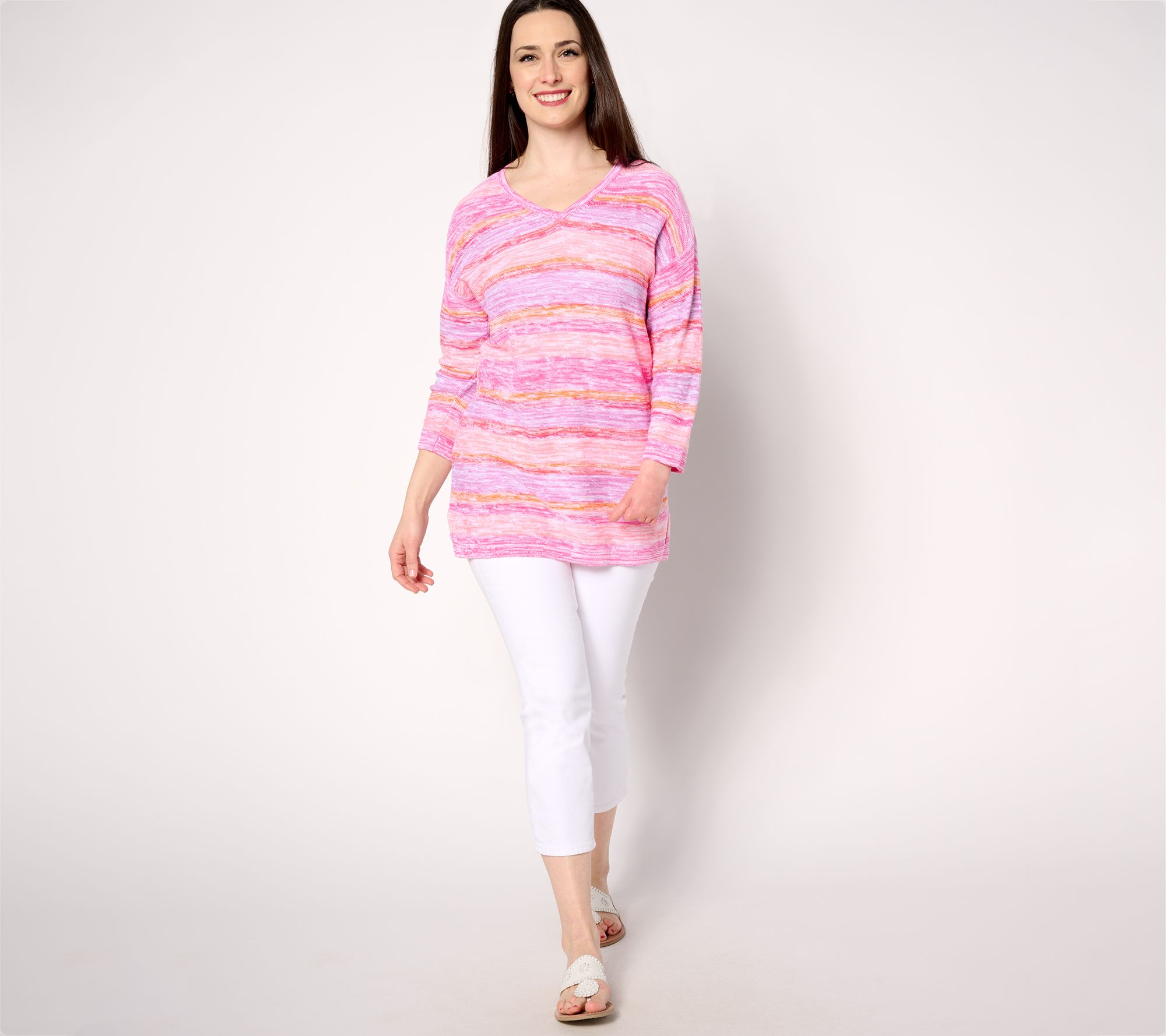 Denim & Co. Striped V-Neck 3/4-Sleeve Sweater - QVC.com Denim & Co. Striped V-Neck 3/4-Sleeve Sweater - QVC.com