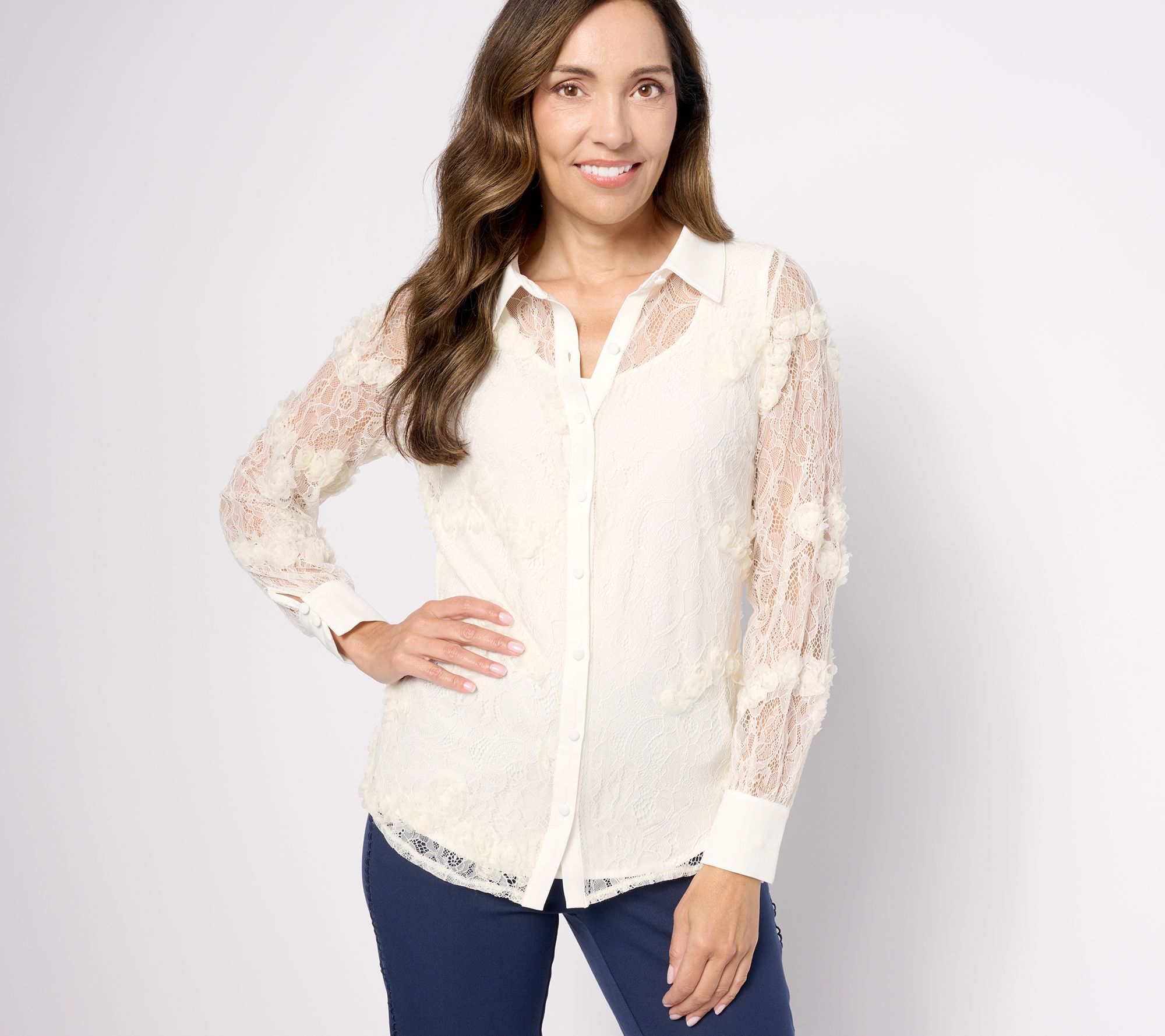 "As Is" Isaac Mizrahi Live! Petite Always Isaac Floral Lace Tunic