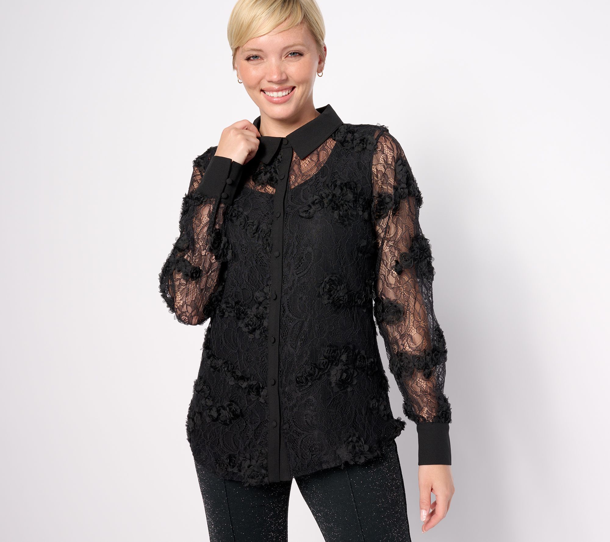 "As Is" Isaac Mizrahi Live! Petite Always Isaac Floral Lace Tunic